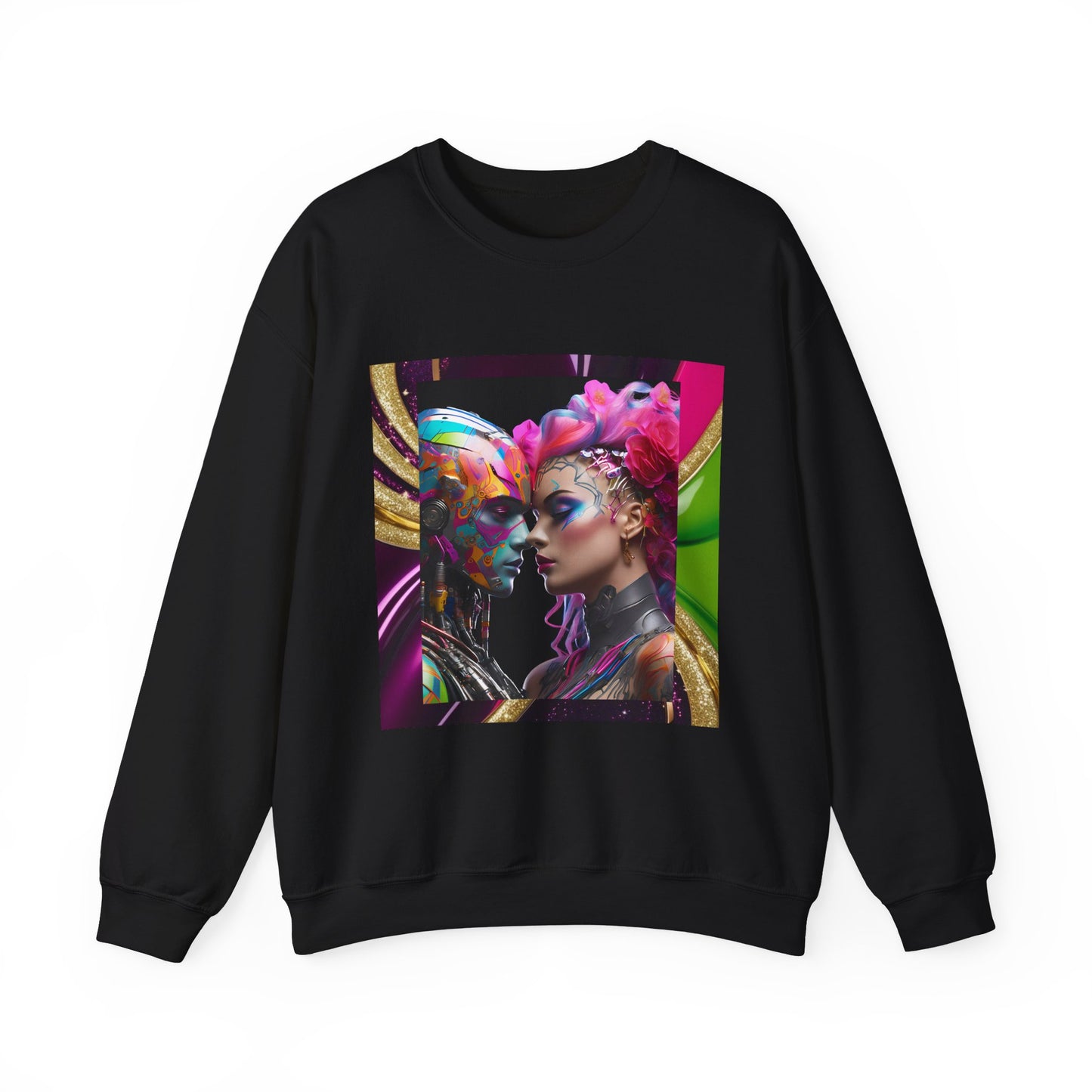 AI Rainbow Robot Love Sweatshirt – Cozy All-Over Print Pullover for Pride & Futuristic Fashion – Cyberpunk LGBTQ+ Art