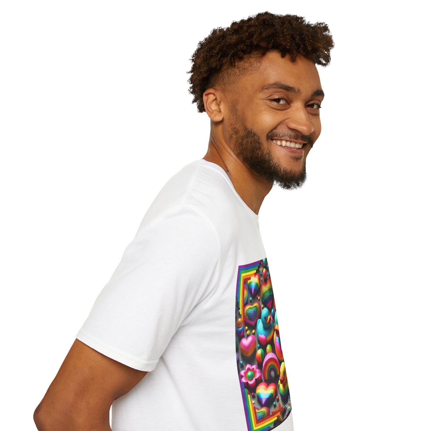 Rainbow Rubber Ducky Sparkle n Splash Hearts & Stars T-Shirt – Cute All-Over Print Tee for LGBTQ+ Inclusivity – Colorful Pride Fashion