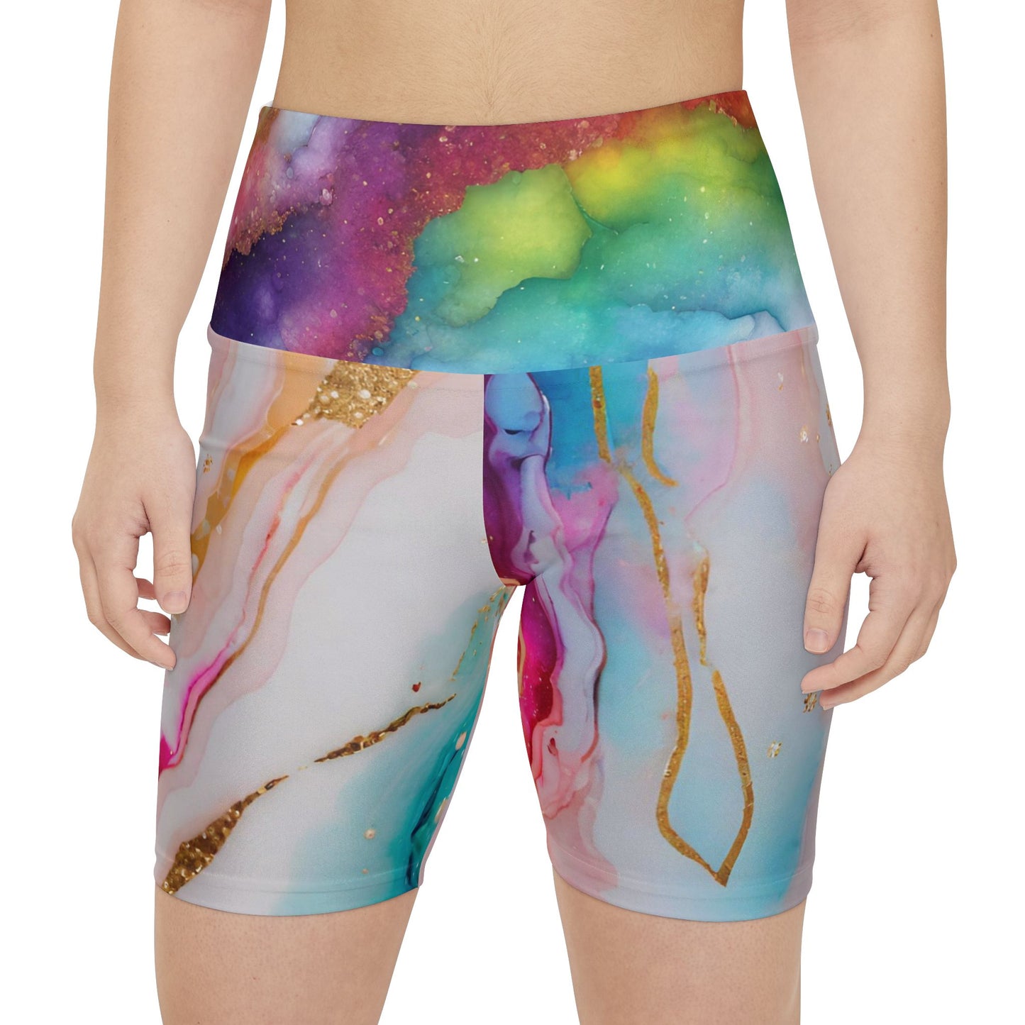 Rainbow Marble Magic Workout Shorts – Artistic Pride Activewear | Soft, Stretchy Watercolor Swirl Fitness Shorts by Rainbowtique