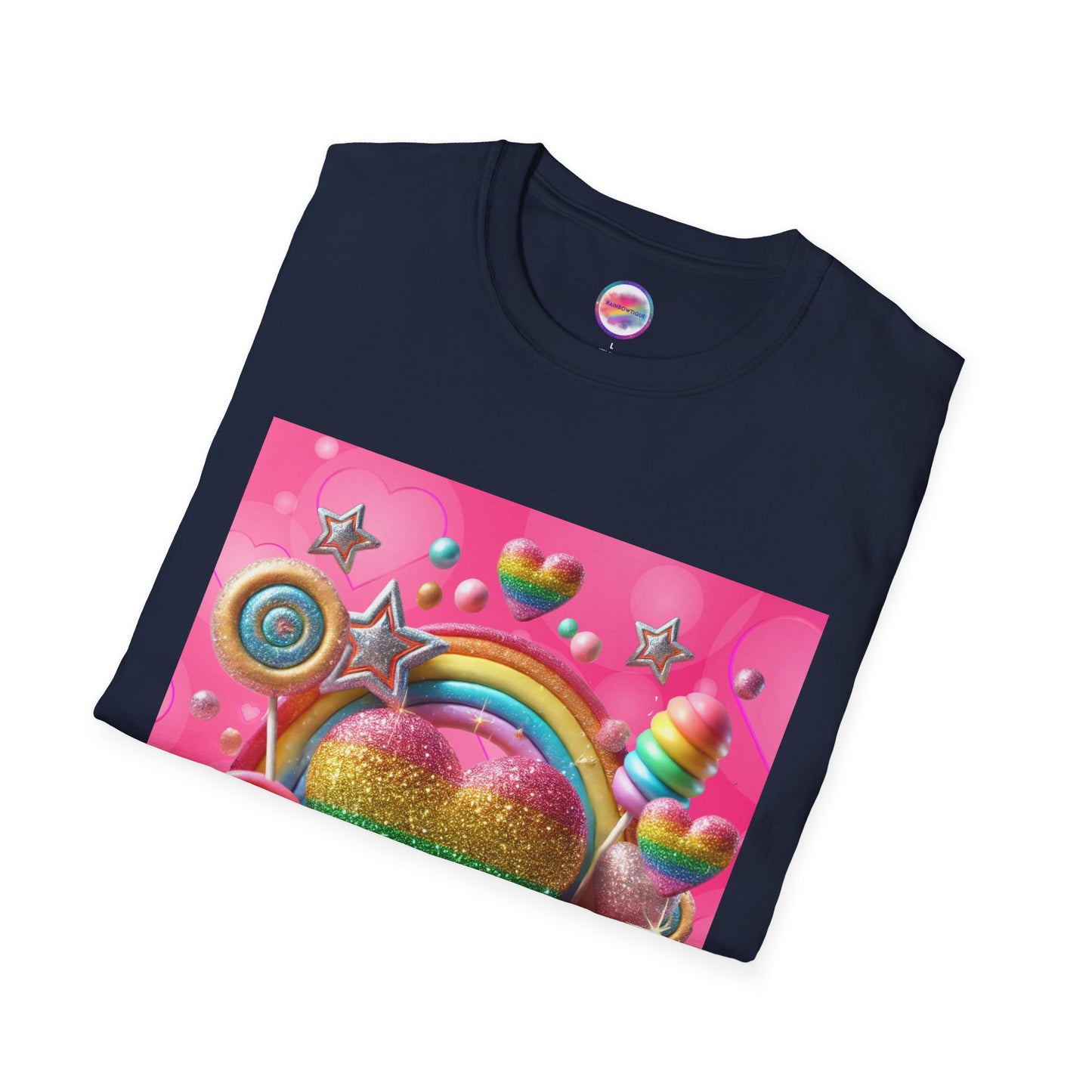 Sweet Rainbow Love Candy T-Shirt – Rainbow Glitter Heart & Lollipop Wonderland | Colorful Whimsical Tee for Fun & Pride