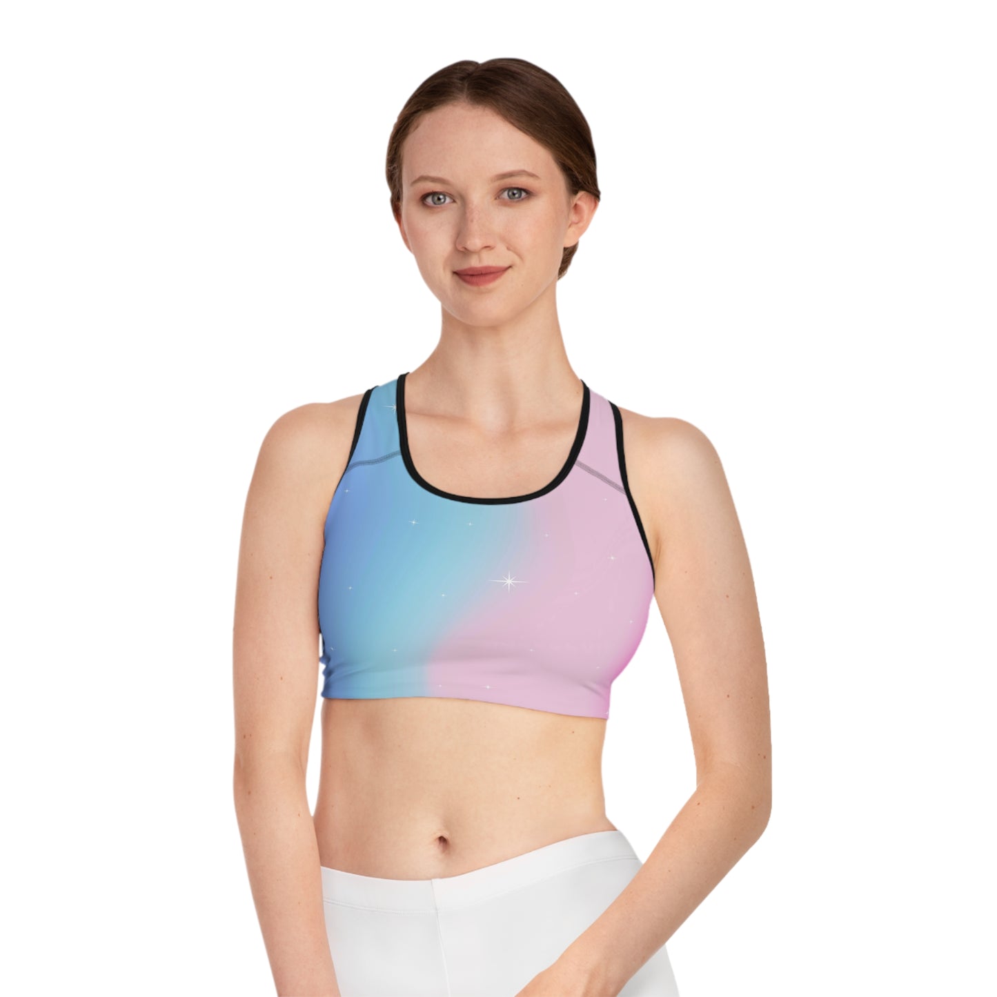 Rainbow Cotton Candy Cosmos Sports Bra – Vibrant Pink and Blue Galaxy Pattern from Rainbowtique’s Athletic Wear Collection
