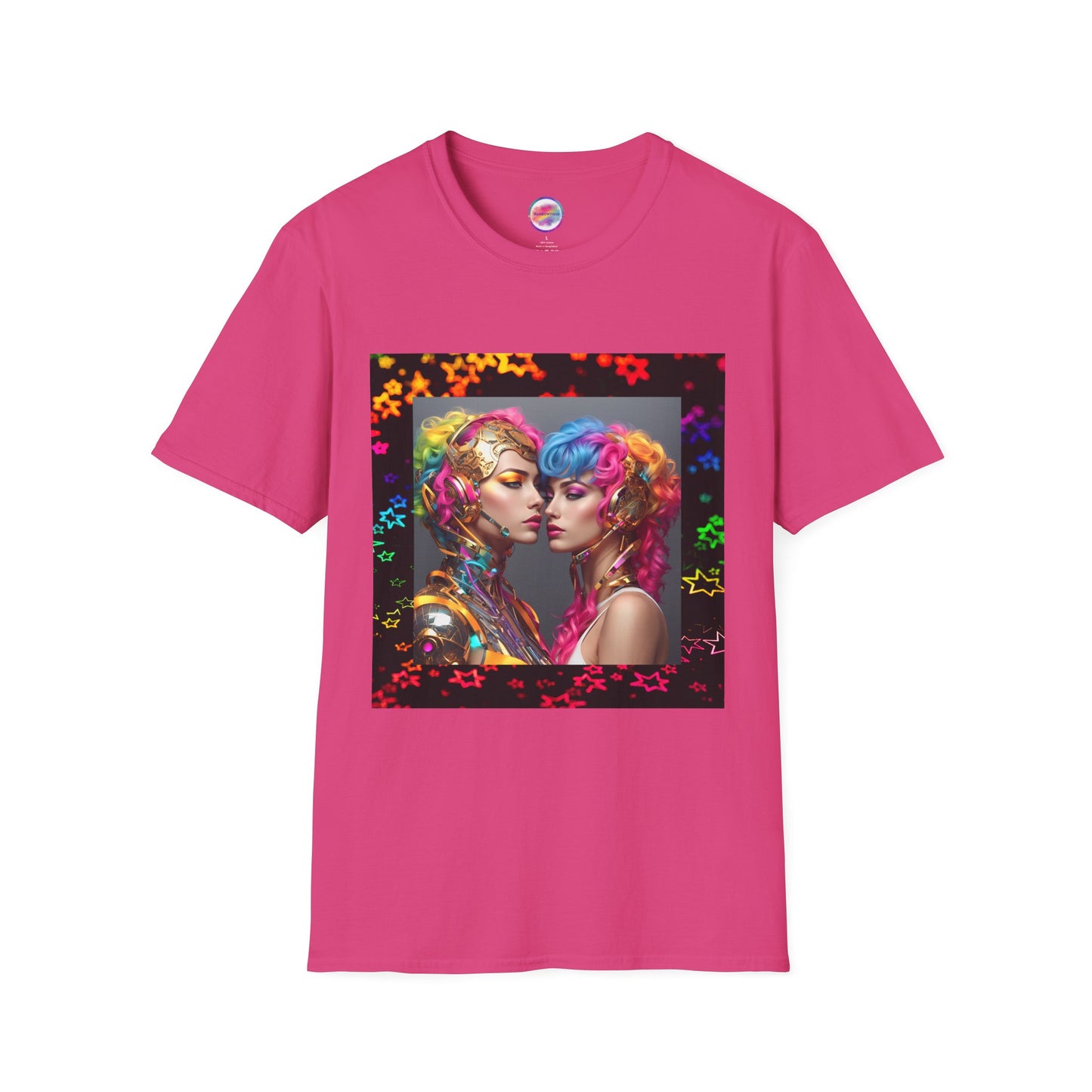 AI Rainbow Robot Love T-Shirt – Trendy & Futuristic All-Over Print Tee – LGBTQ+ Pride & Love is Love Fashion