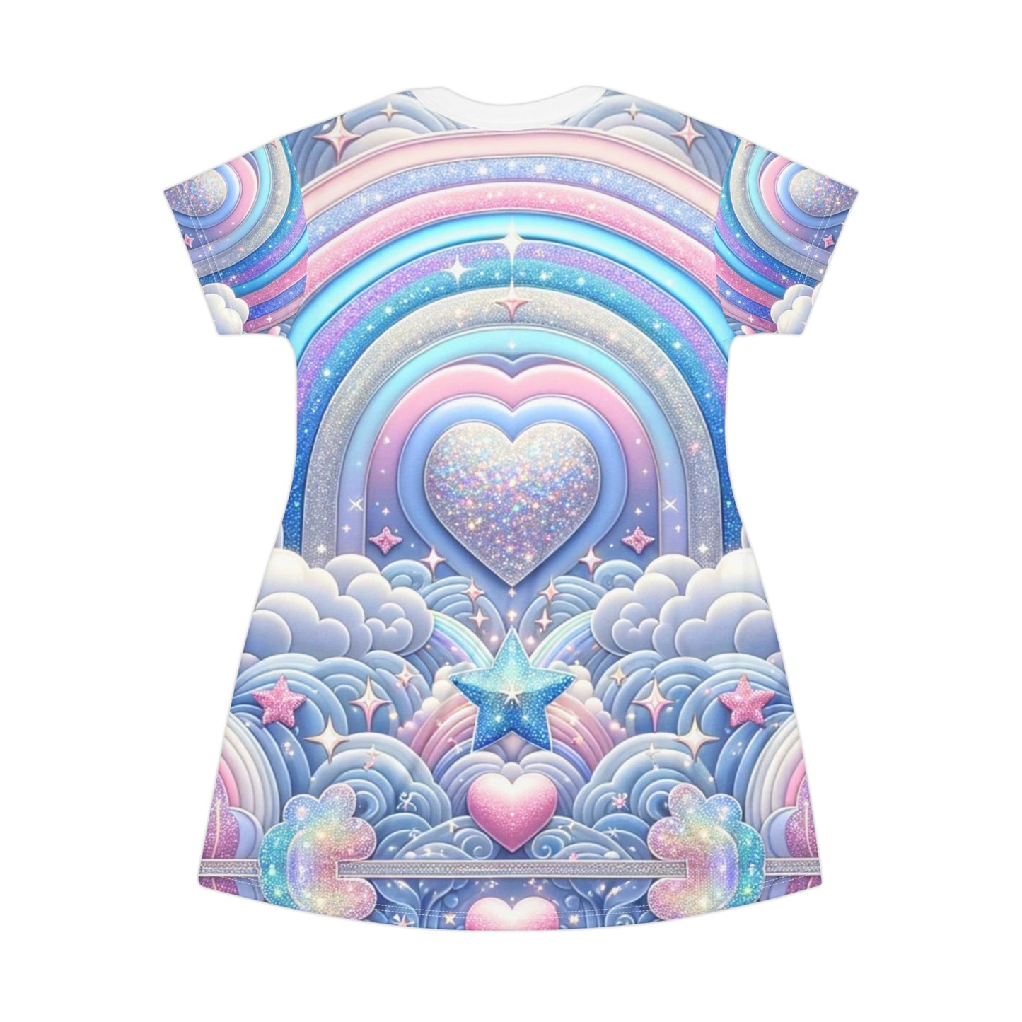 Rainbow Dreamscape Fantasy Fairytale Trans Pride T-Shirt Dress β Dreamy All-Over Print Outfit for LGBTQ+ Pride & Self-Expression β Pastel Heart & Cloud Design