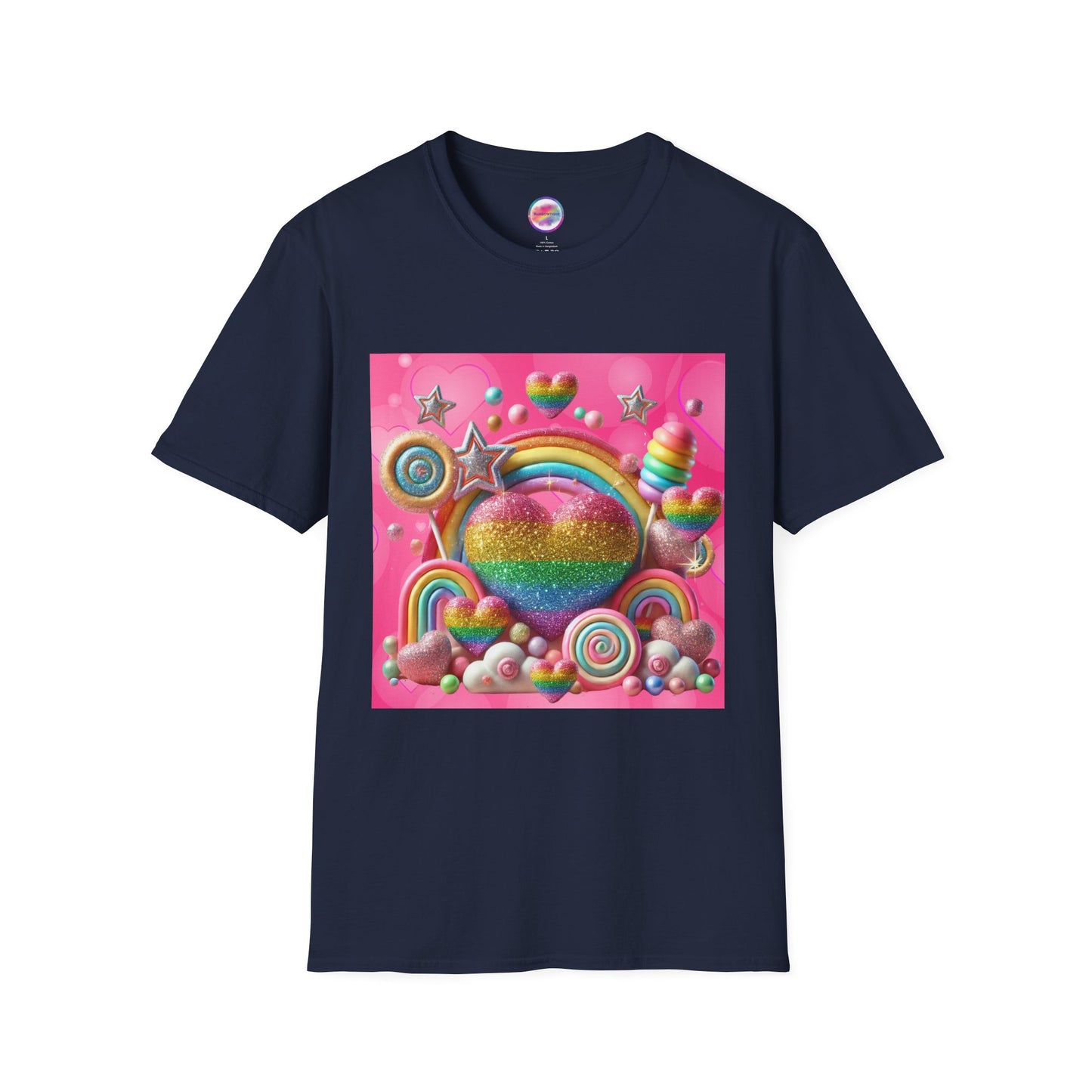 Sweet Rainbow Love Candy T-Shirt – Rainbow Glitter Heart & Lollipop Wonderland | Colorful Whimsical Tee for Fun & Pride