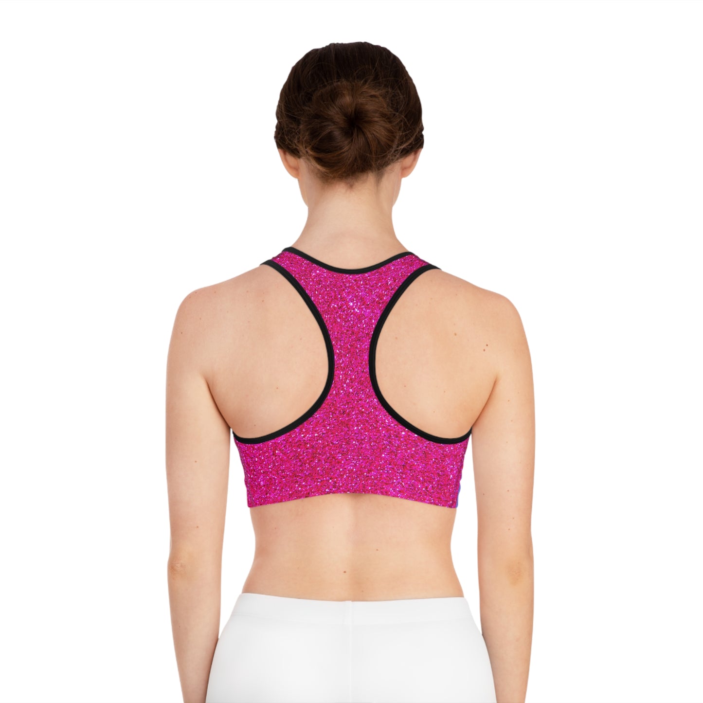 Rainbow Cotton Candy Cosmos Sports Bra – Vibrant Pink and Blue Galaxy Pattern from Rainbowtique’s Athletic Wear Collection