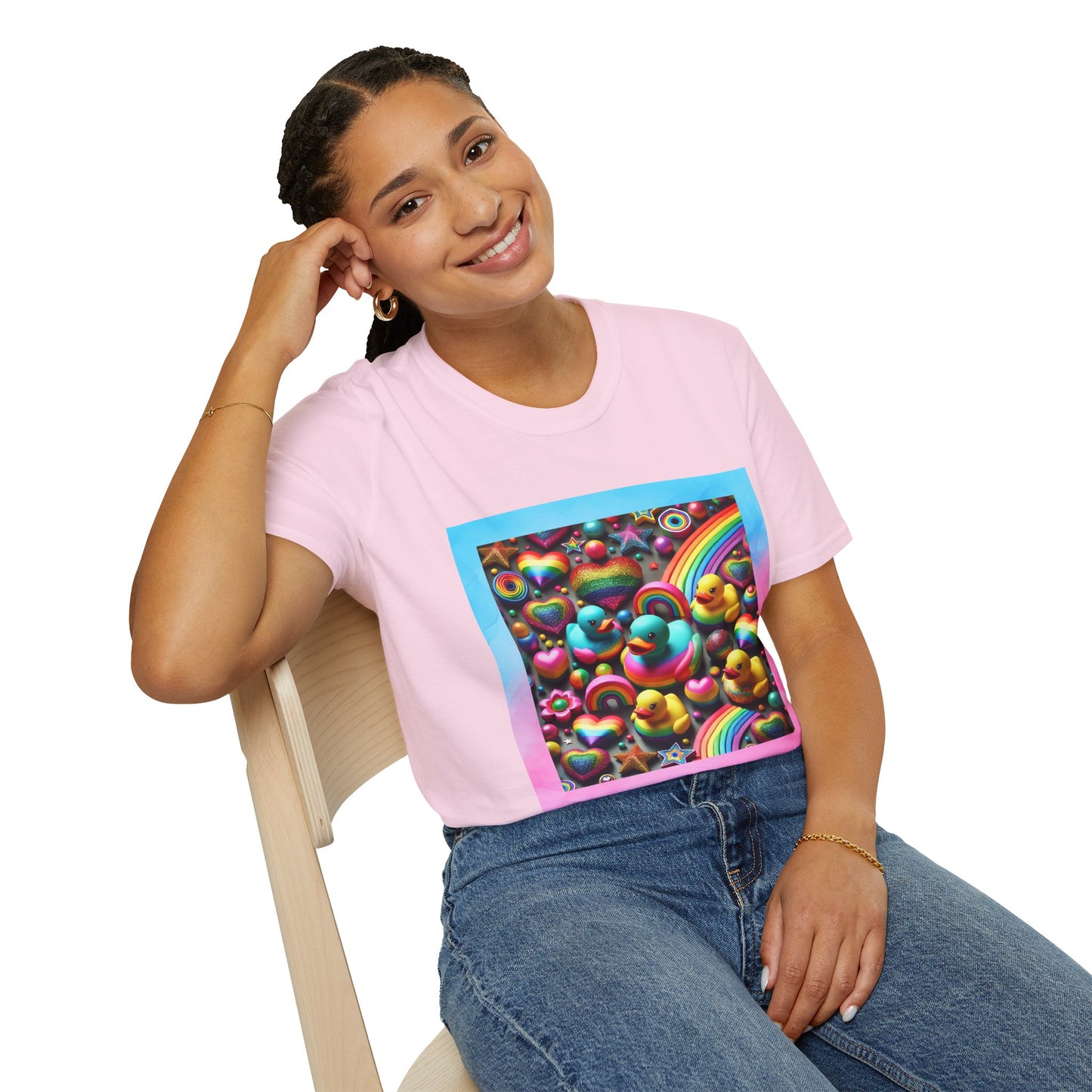 Rainbow Rubber Ducky Sparkle n Splash Hearts & Stars T-Shirt – Cute All-Over Print Tee for LGBTQ+ Inclusivity – Colorful Pride Fashion
