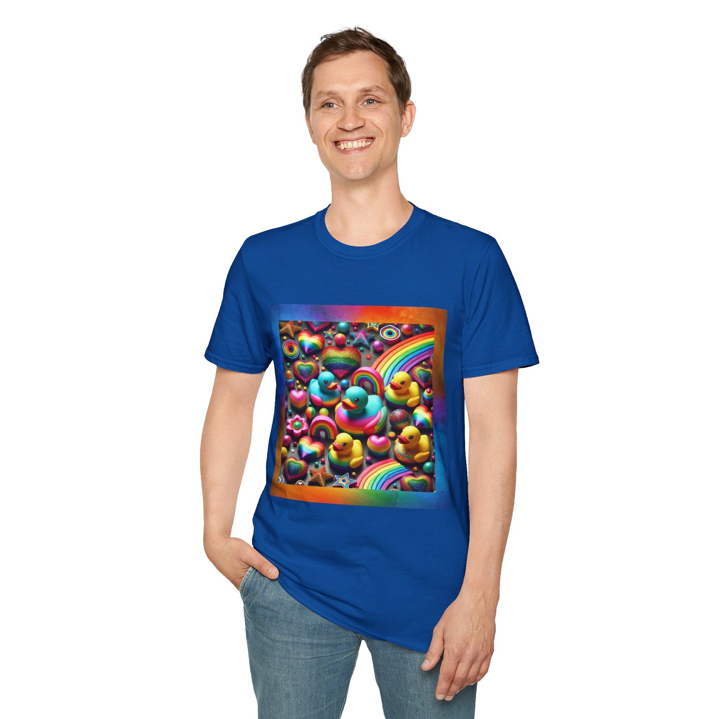 Rainbow Rubber Ducky Sparkle n Splash Hearts & Stars T-Shirt – Cute All-Over Print Tee for LGBTQ+ Inclusivity – Colorful Pride Fashion