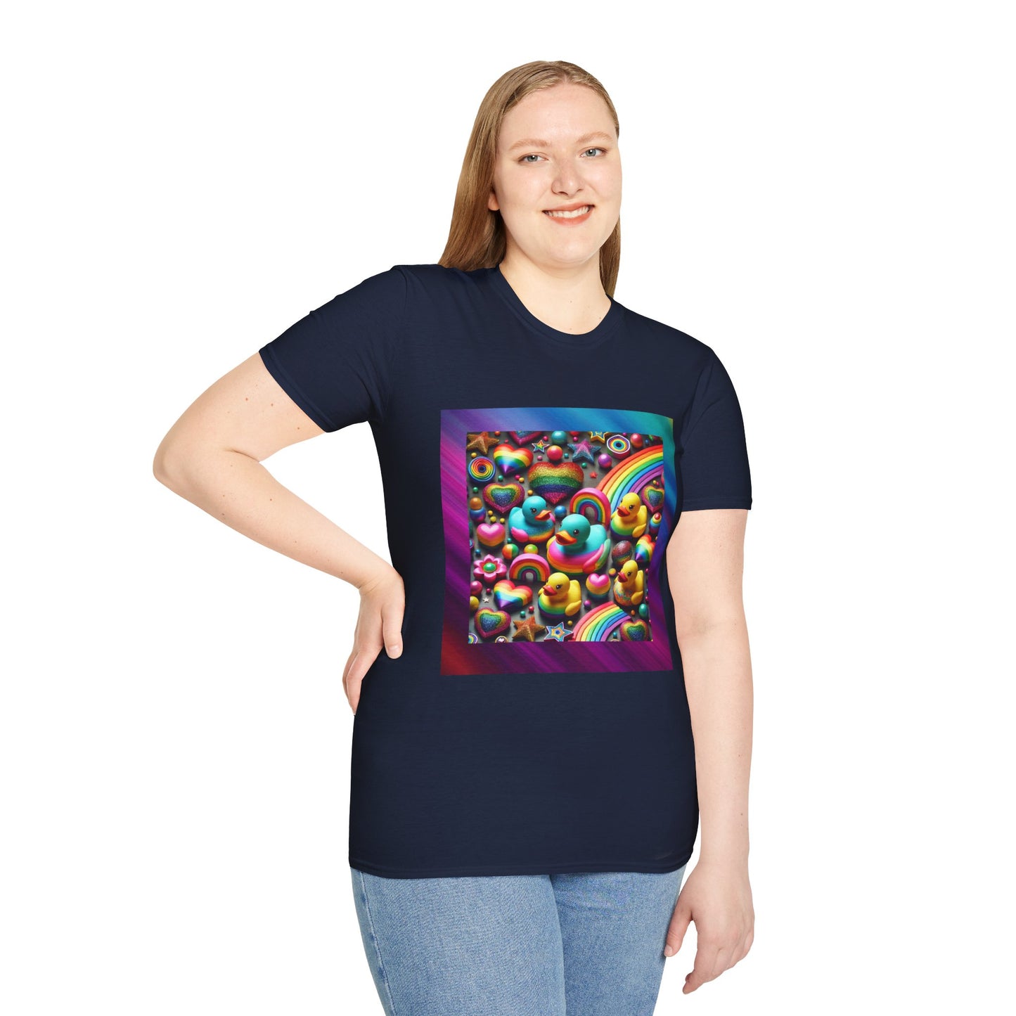 Rainbow Rubber Ducky Sparkle n Splash Hearts & Stars T-Shirt – Cute All-Over Print Tee for LGBTQ+ Inclusivity – Colorful Pride Fashion