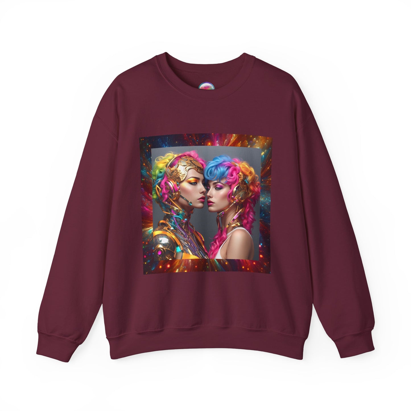 AI Rainbow Robot Love Sweatshirt – Cozy & Stylish All-Over Print Crewneck – LGBTQ+ Pride Winter Fashion