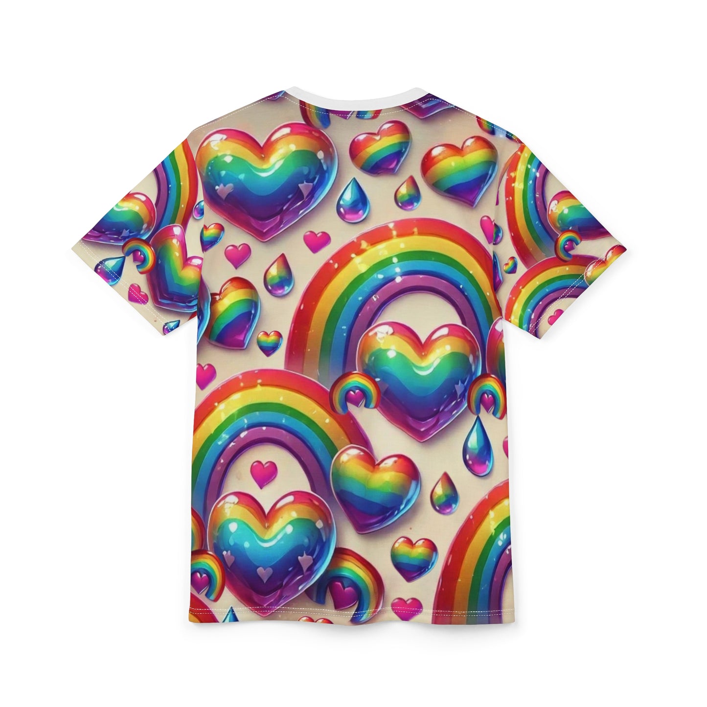 Rainbow Radiance Hearts T-Shirt – Vibrant & Colorful All-Over Print Tee – LGBTQ+ Pride & Festival Fashion