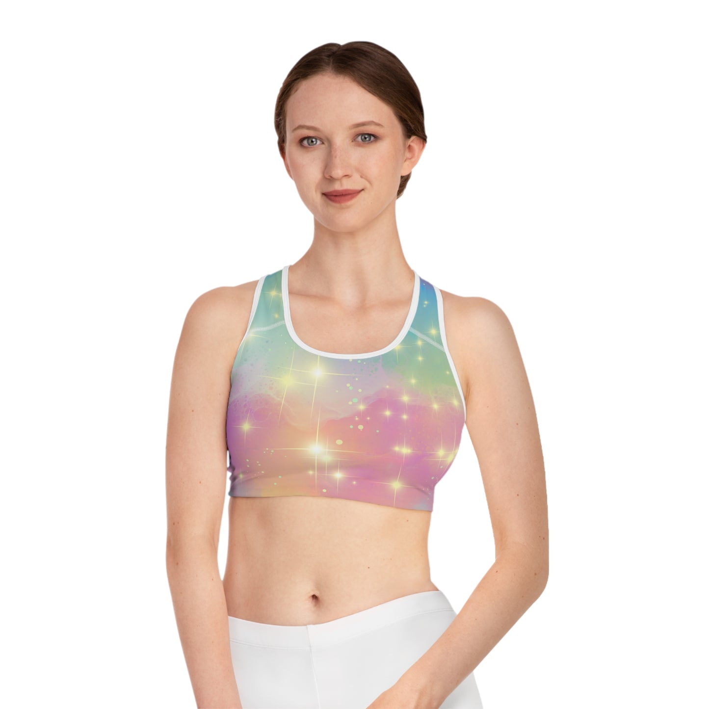 Cosmic Stardust Glow Sports Bra – Pastel Galaxy Pride Activewear | Breathable Stretchy All-Gender Workout Top by Rainbowtique