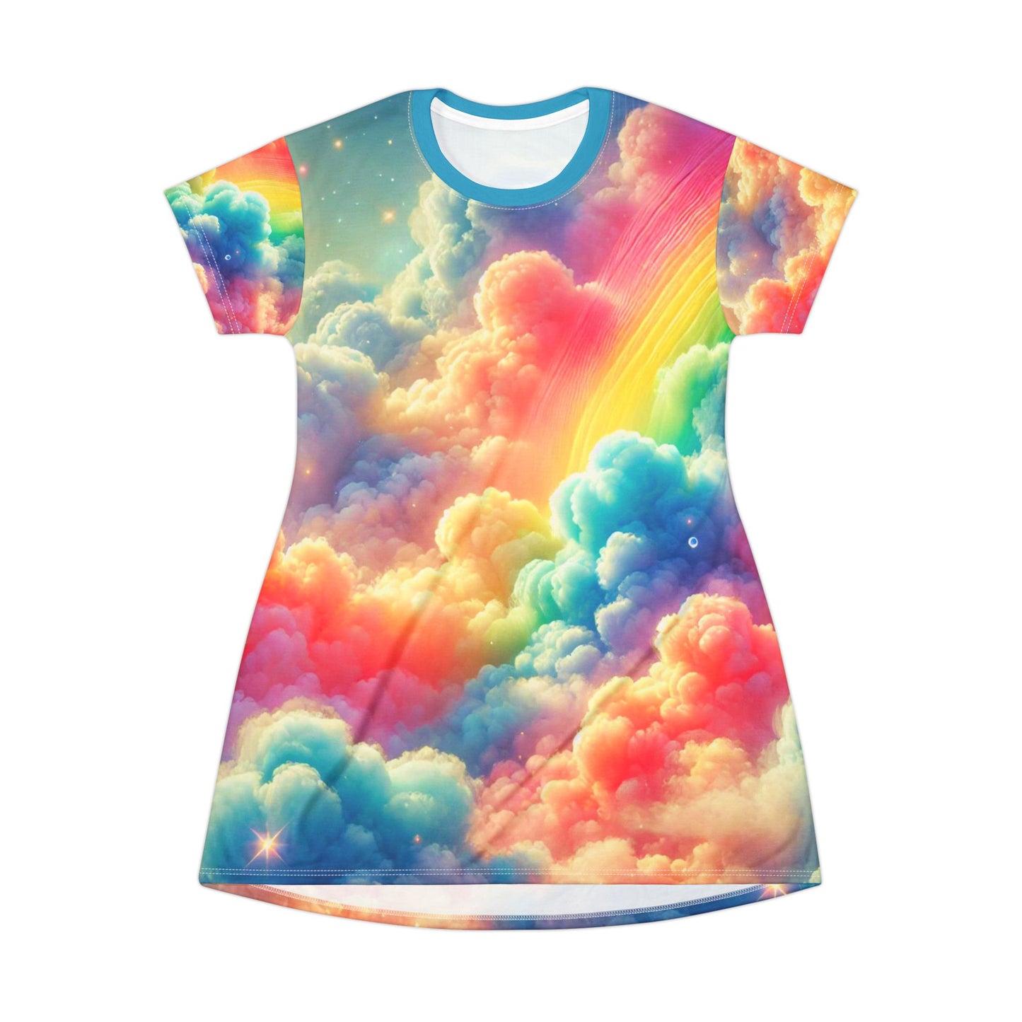 Rainbow Dreamscape Cloud T-Shirt Dress – Vibrant All-Over Print Outfit for Festivals & Pride – Dreamy Sky Design