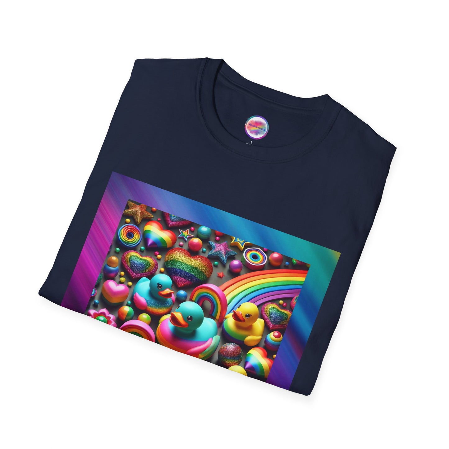 Rainbow Rubber Ducky Sparkle n Splash Hearts & Stars T-Shirt – Cute All-Over Print Tee for LGBTQ+ Inclusivity – Colorful Pride Fashion
