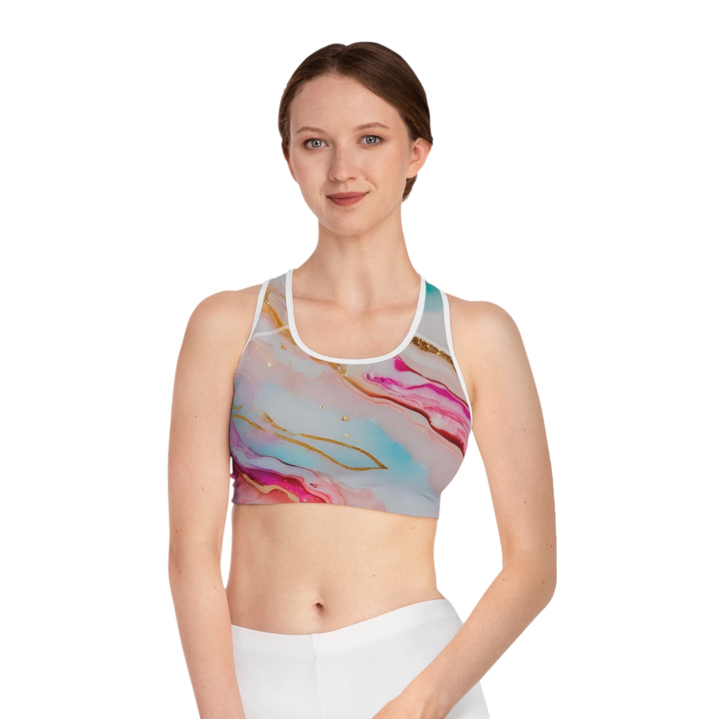 Rainbow Marble Magic Sports Bra – Pastel Swirl Activewear | Breathable, Stretchy Pride Fitness Top for All Genders by Rainbowtique