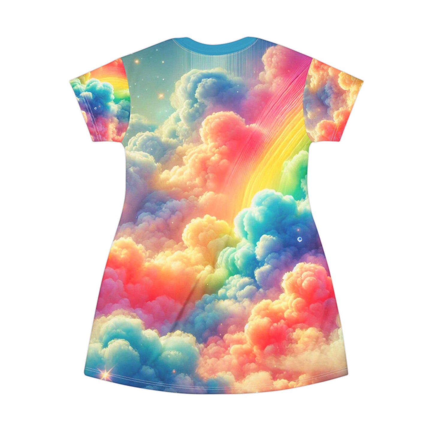 Rainbow Dreamscape Cloud T-Shirt Dress – Vibrant All-Over Print Outfit for Festivals & Pride – Dreamy Sky Design