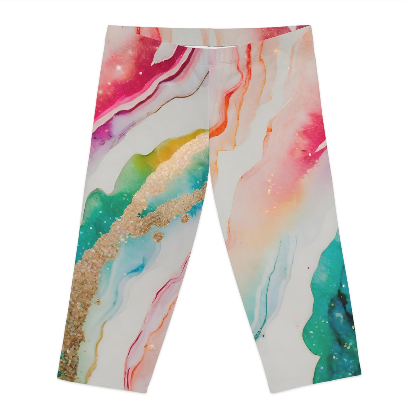 Rainbow Marble Magic – Capri Leggings – Soft & Stretchy Activewear for Comfort & Style – Luxe Pastel Abstract Swirl Print