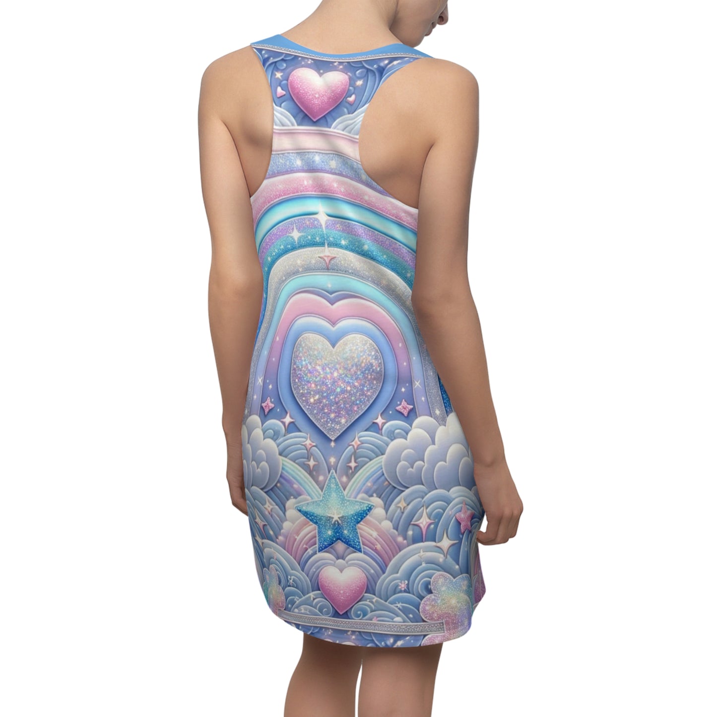 Rainbow Dreamscape Fantasy Fairytale Trans Pride T-Shirt Dress β Dreamy All-Over Print Outfit for LGBTQ+ Pride & Self-Expression β Pastel Heart & Cloud Design