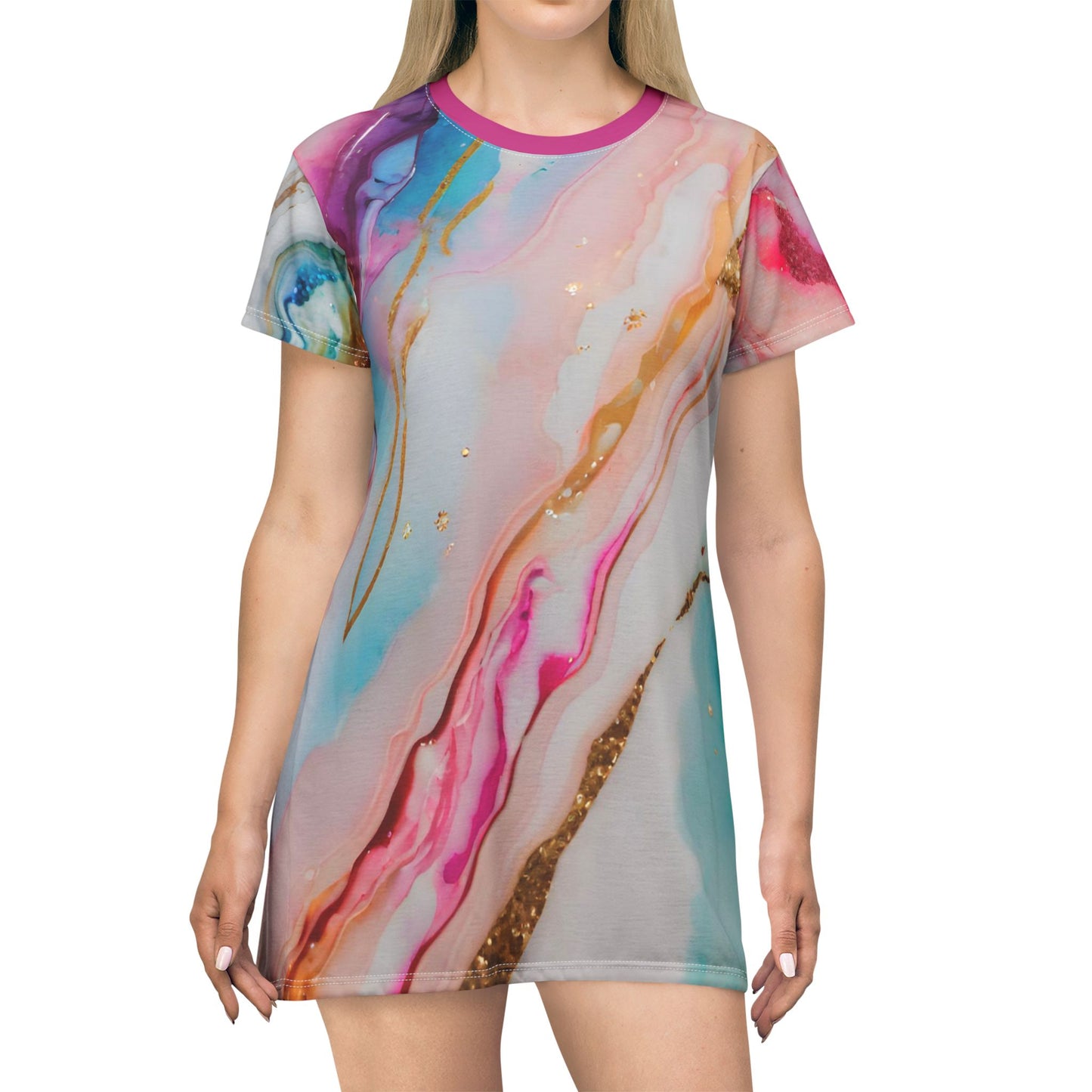 Rainbow Marble Magic T-Shirt Dress – Artistic Pastel Pride Fashion | Soft & Colorful Unisex Marble Swirl Dress by Rainbowtique