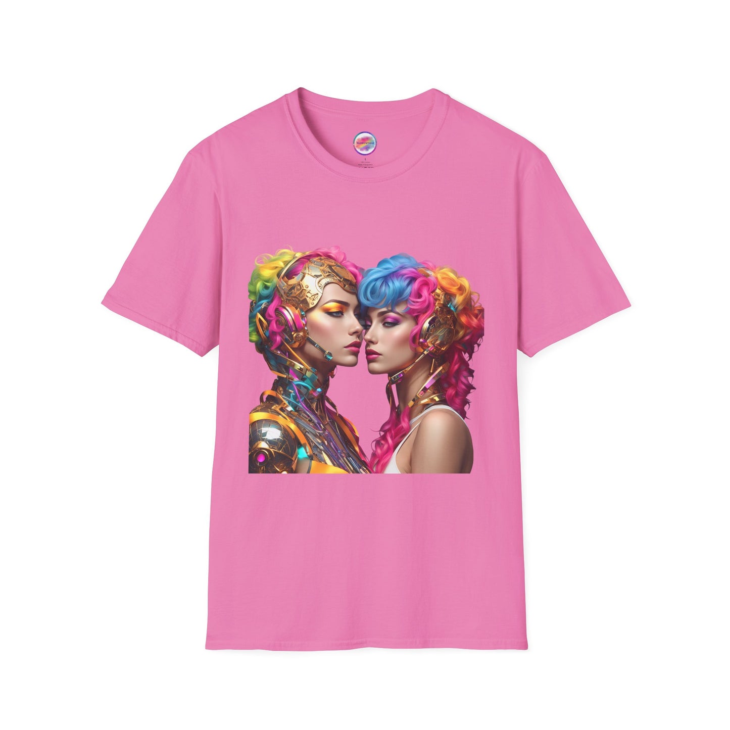 AI Rainbow Robot Love T-Shirt – Vibrant LGBTQ+ Couple Art Tee – Futuristic Pride Fashion for Equality & Inclusivity (Multiple Colors to Choose From)