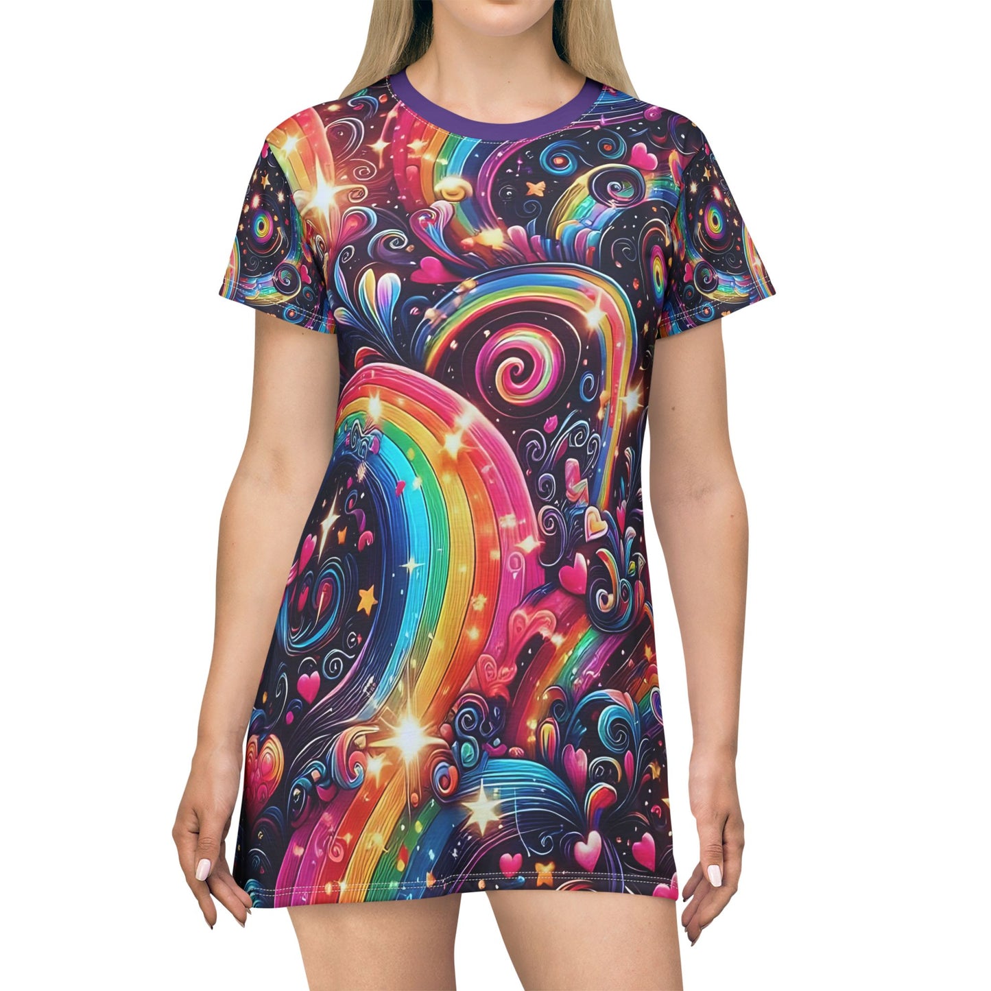 Rainbow Fantasy Fairytale Cosmic Swirl T-Shirt Dress – Vibrant All-Over Print Outfit for LGBTQ+ Pride & Festivals – Dreamy Galaxy Design