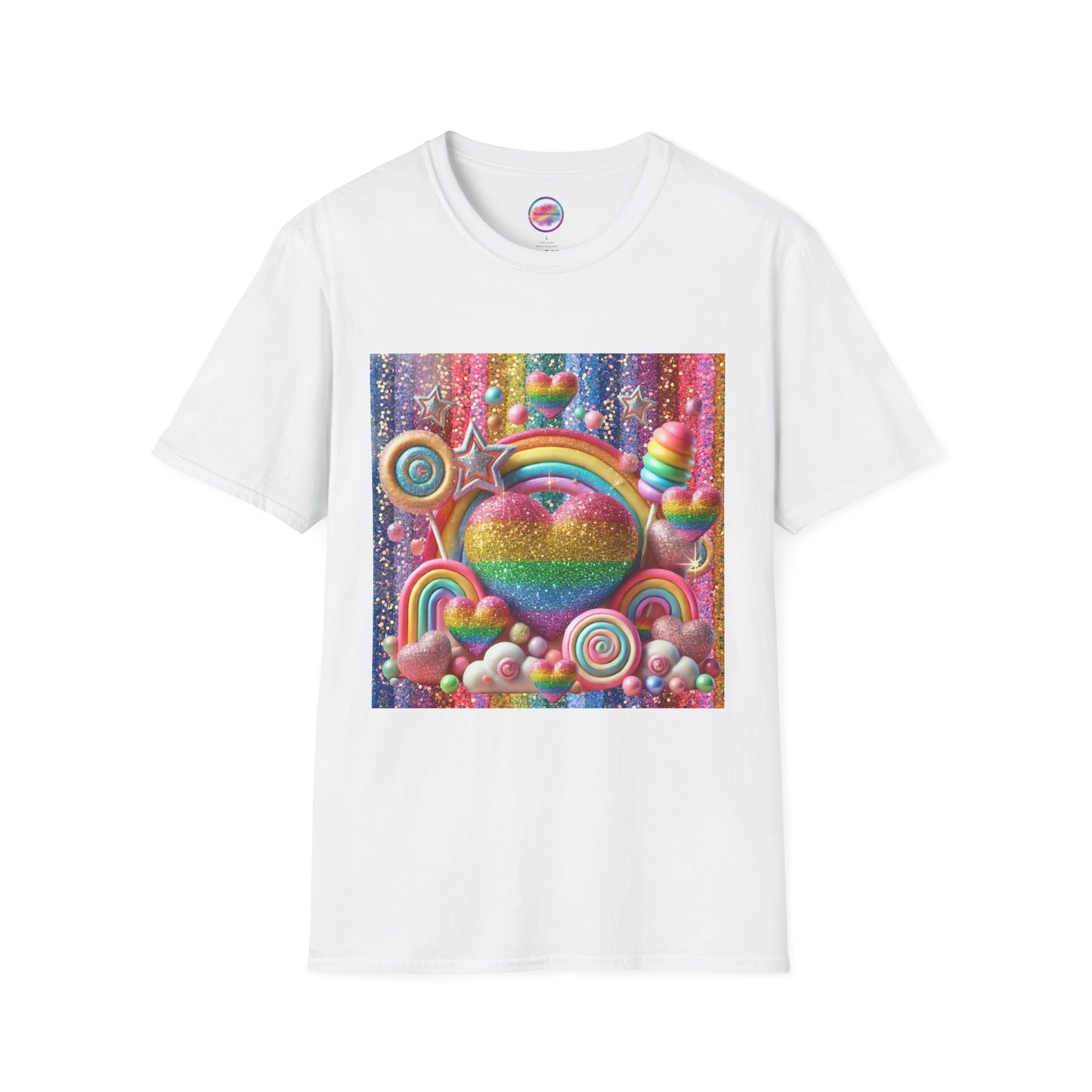 Sweet Rainbow Love Candy T-Shirt – Rainbow Glitter Heart & Lollipop Wonderland | Colorful Whimsical Tee for Fun & Pride