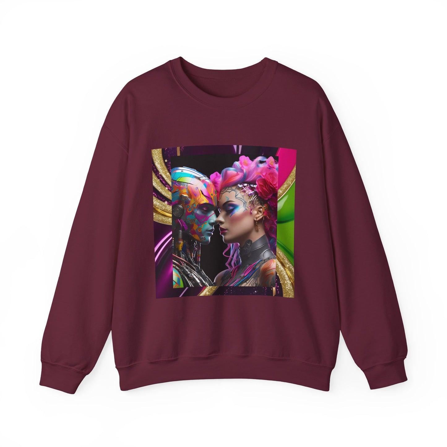 AI Rainbow Robot Love Sweatshirt – Cozy All-Over Print Pullover for Pride & Futuristic Fashion – Cyberpunk LGBTQ+ Art