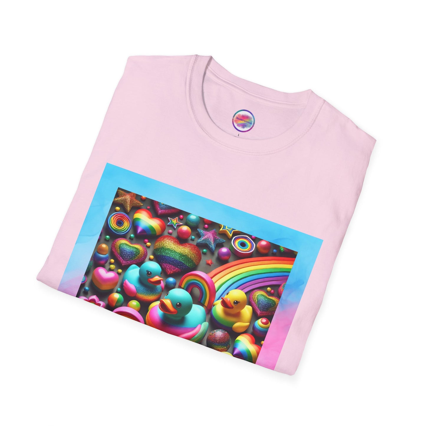 Rainbow Rubber Ducky Sparkle n Splash Hearts & Stars T-Shirt – Cute All-Over Print Tee for LGBTQ+ Inclusivity – Colorful Pride Fashion