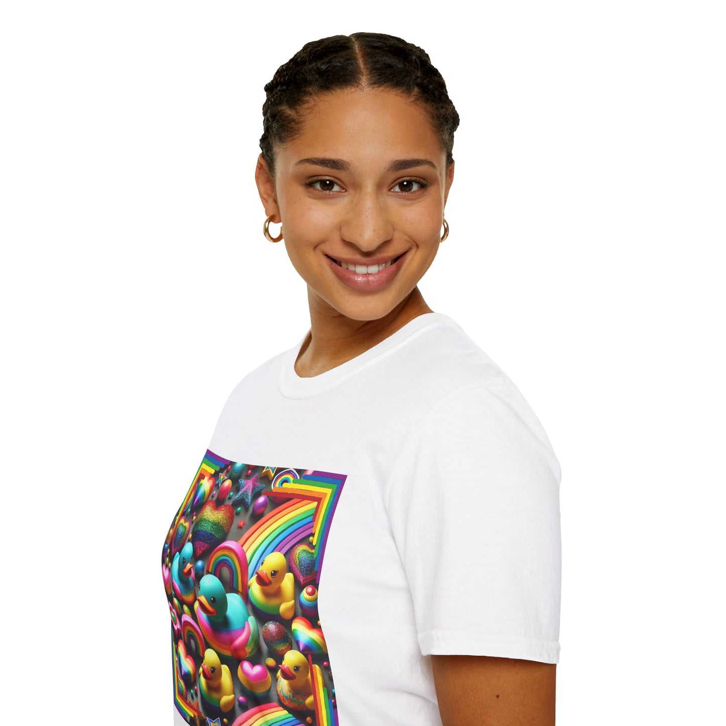Rainbow Rubber Ducky Sparkle n Splash Hearts & Stars T-Shirt – Cute All-Over Print Tee for LGBTQ+ Inclusivity – Colorful Pride Fashion
