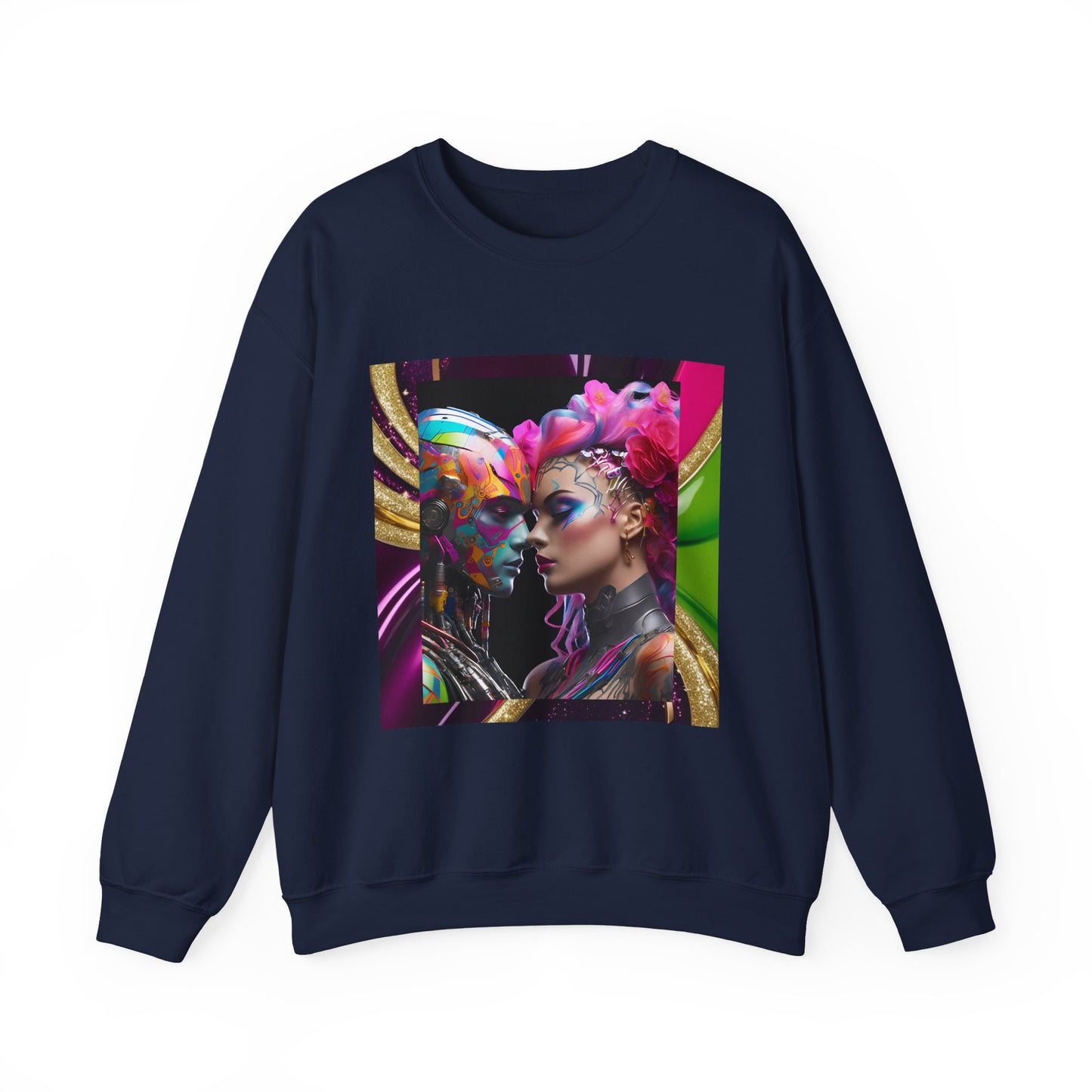 AI Rainbow Robot Love Sweatshirt – Cozy All-Over Print Pullover for Pride & Futuristic Fashion – Cyberpunk LGBTQ+ Art