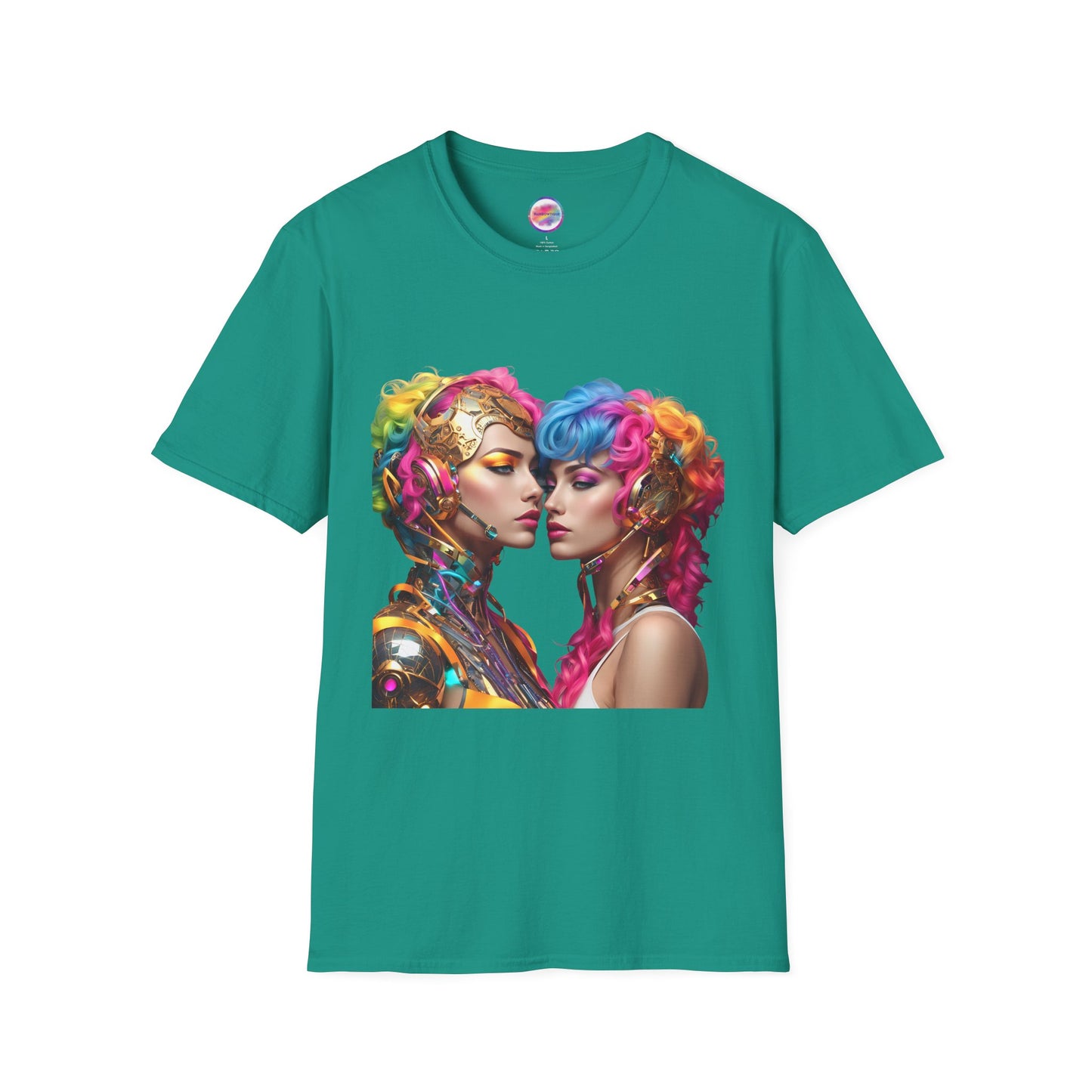 AI Rainbow Robot Love T-Shirt – Vibrant LGBTQ+ Couple Art Tee – Futuristic Pride Fashion for Equality & Inclusivity (Multiple Colors to Choose From)