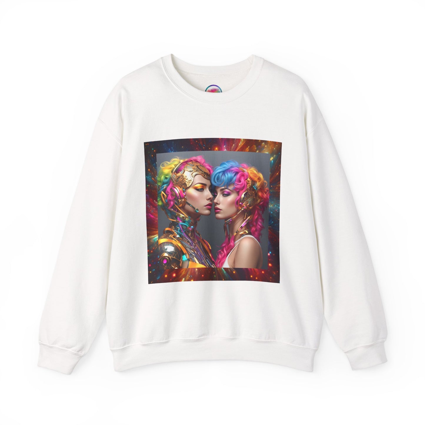 AI Rainbow Robot Love Sweatshirt – Cozy & Stylish All-Over Print Crewneck – LGBTQ+ Pride Winter Fashion