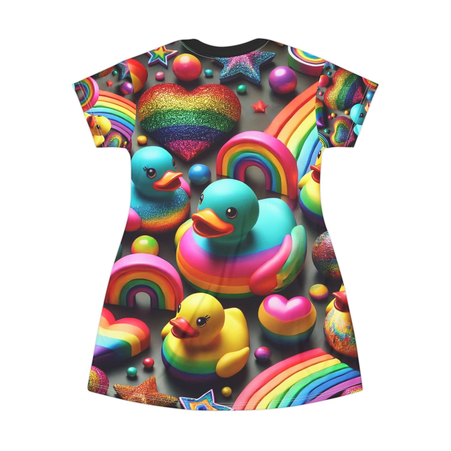 Sparkle n Splash Rainbow Rubber Ducky T-Shirt Dress – Playful All-Over Print Outfit for Fun & Pride – Colorful LGBTQ+ Fashion