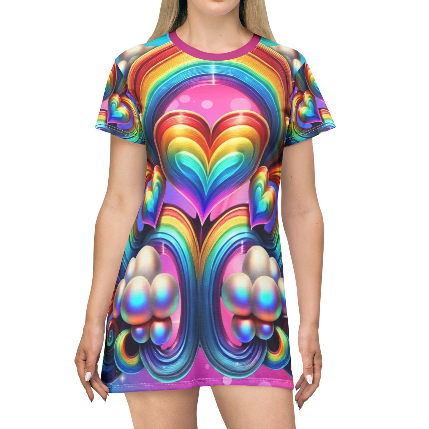 Rainbow Fantasy Fairytale Heart T-Shirt Dress – Vibrant All-Over Print Outfit for LGBTQ+ Pride & Festivals – 360° Colorful Dreamy Design
