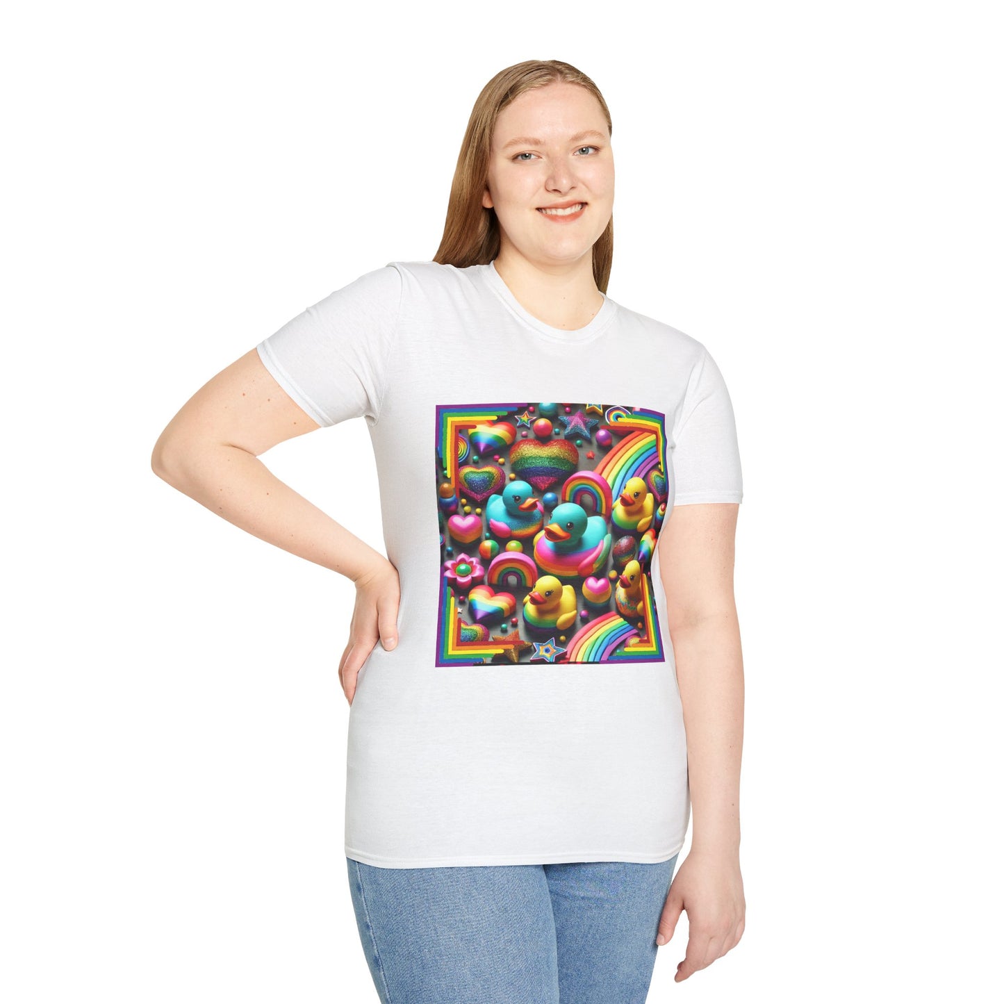Rainbow Rubber Ducky Sparkle n Splash Hearts & Stars T-Shirt – Cute All-Over Print Tee for LGBTQ+ Inclusivity – Colorful Pride Fashion