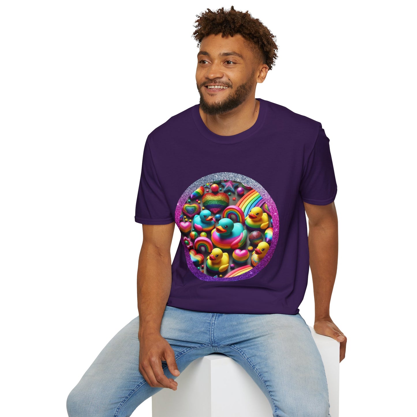 Rainbow Rubber Ducky Sparkle n Splash Hearts & Stars T-Shirt – Cute All-Over Print Tee for LGBTQ+ Inclusivity – Colorful Pride Fashion