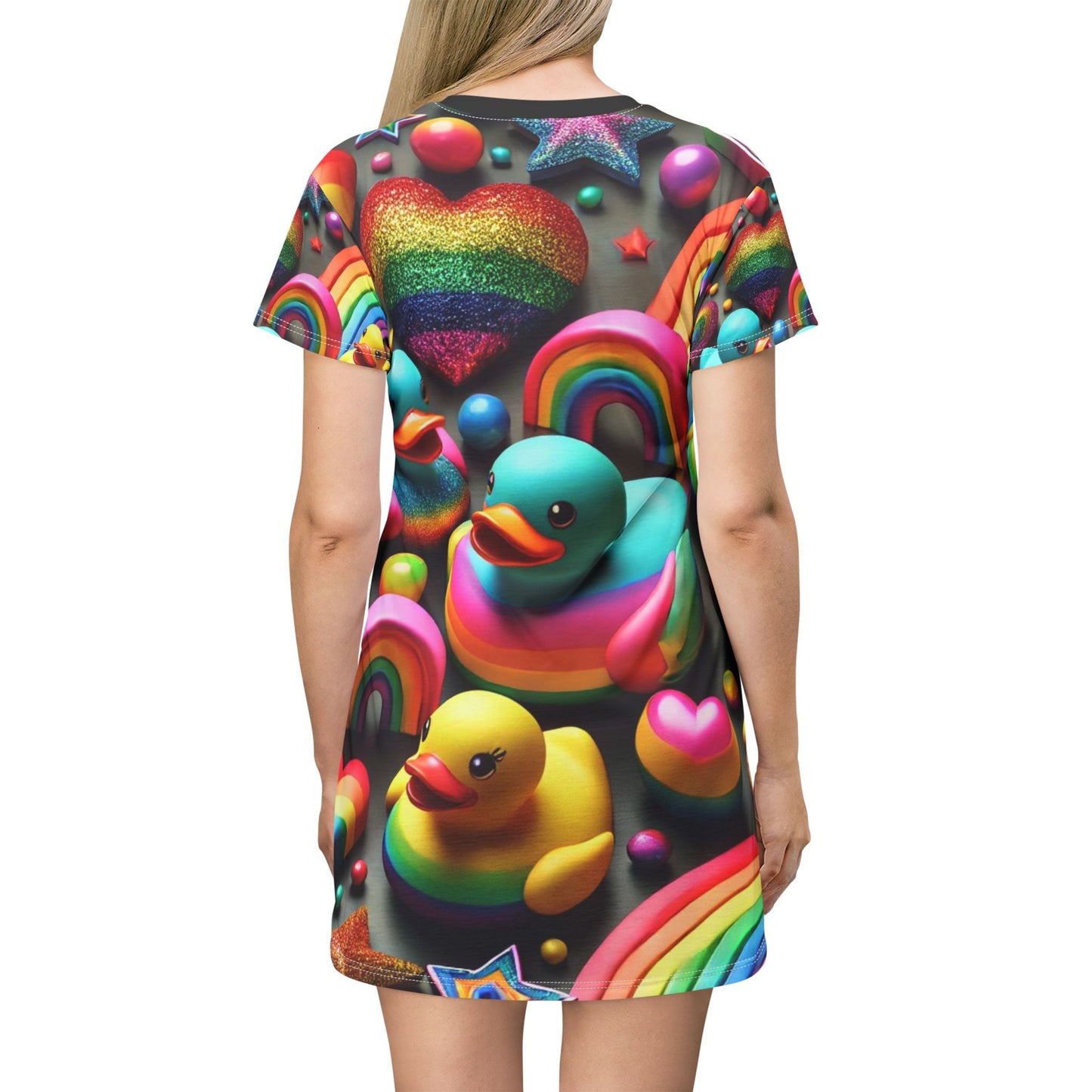 Sparkle n Splash Rainbow Rubber Ducky T-Shirt Dress – Playful All-Over Print Outfit for Fun & Pride – Colorful LGBTQ+ Fashion