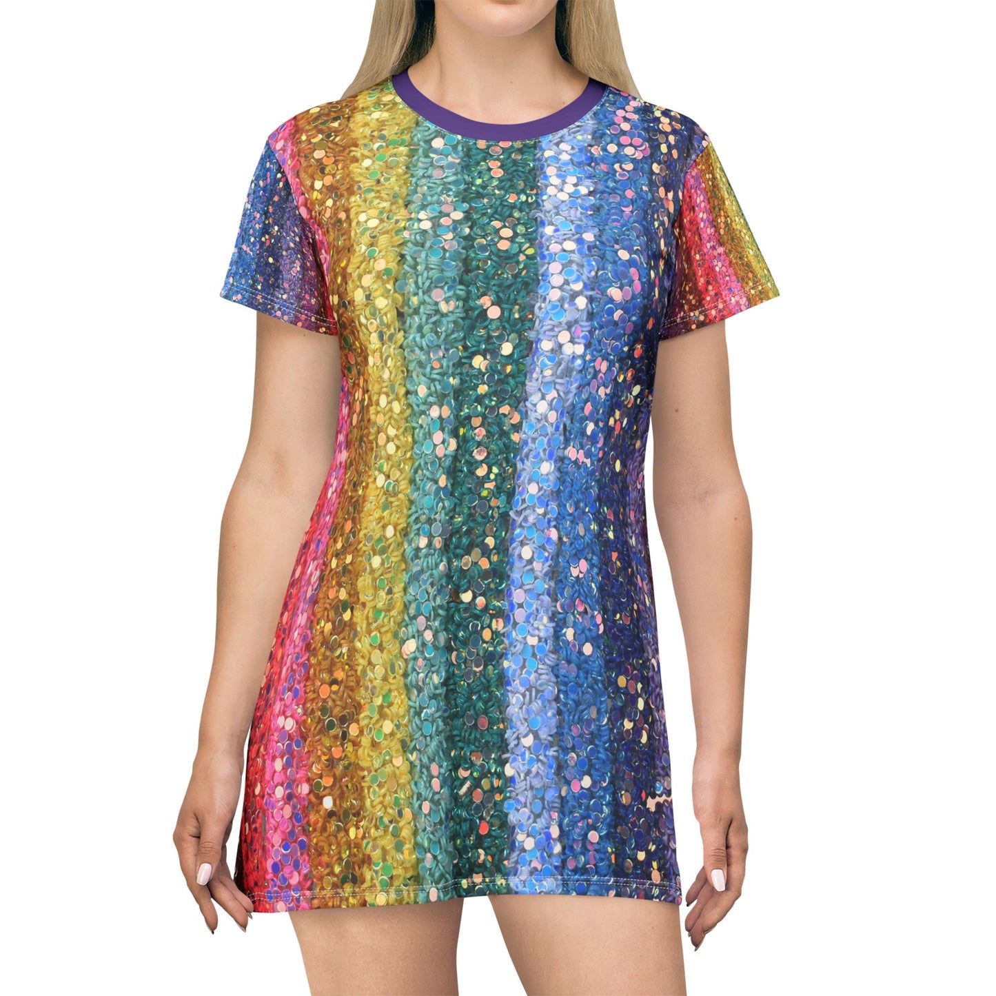 Rainbow Sparkle Magic T-Shirt Dress – Glitter Rainbow Pride Fashion | All-Over Print Galaxy Dress for Festivals & LGBTQ+ Style by Rainbowtique