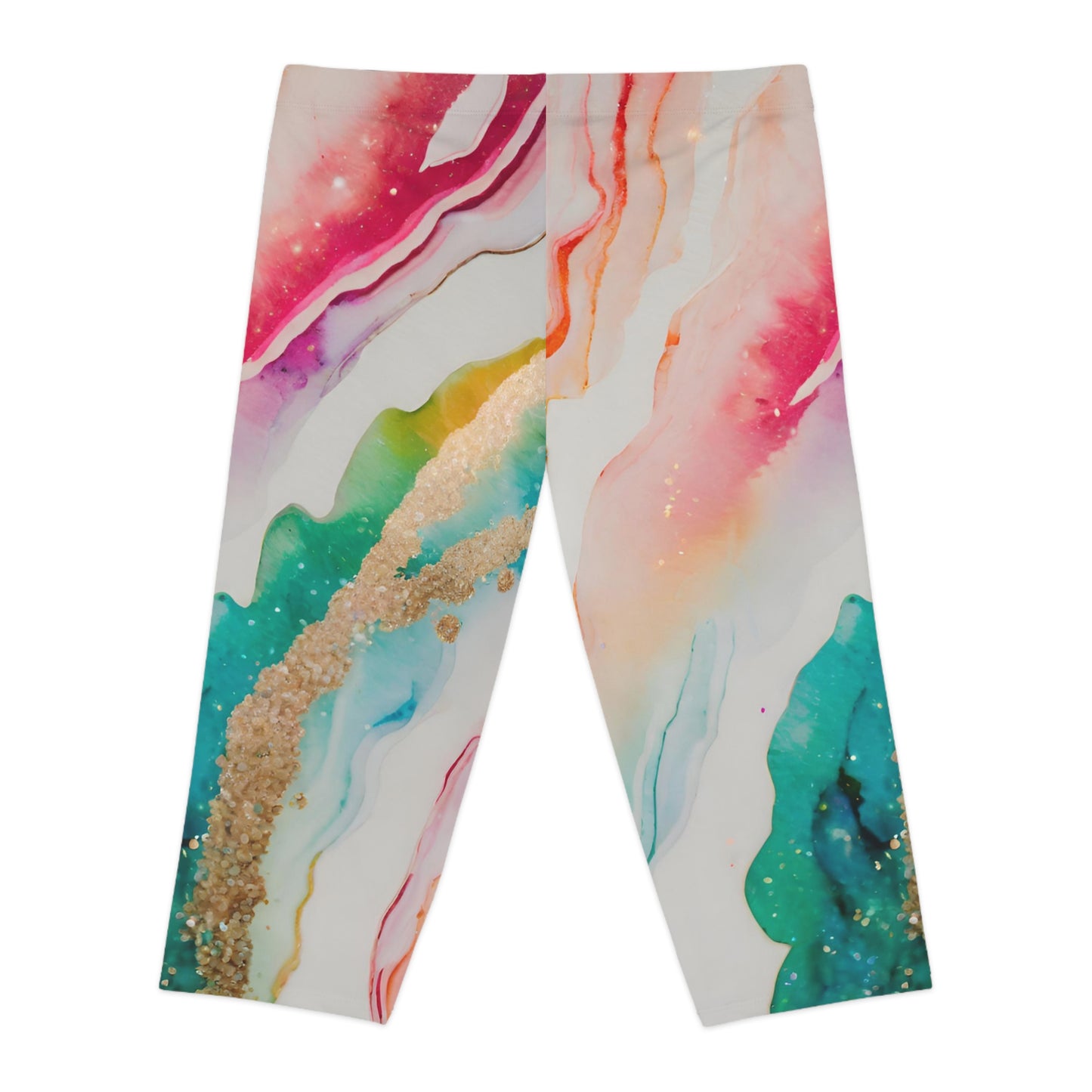 Rainbow Marble Magic – Capri Leggings – Soft & Stretchy Activewear for Comfort & Style – Luxe Pastel Abstract Swirl Print
