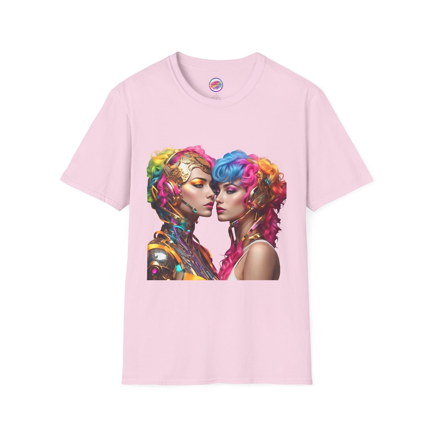 AI Rainbow Robot Love T-Shirt – Vibrant LGBTQ+ Couple Art Tee – Futuristic Pride Fashion for Equality & Inclusivity (Multiple Colors to Choose From)