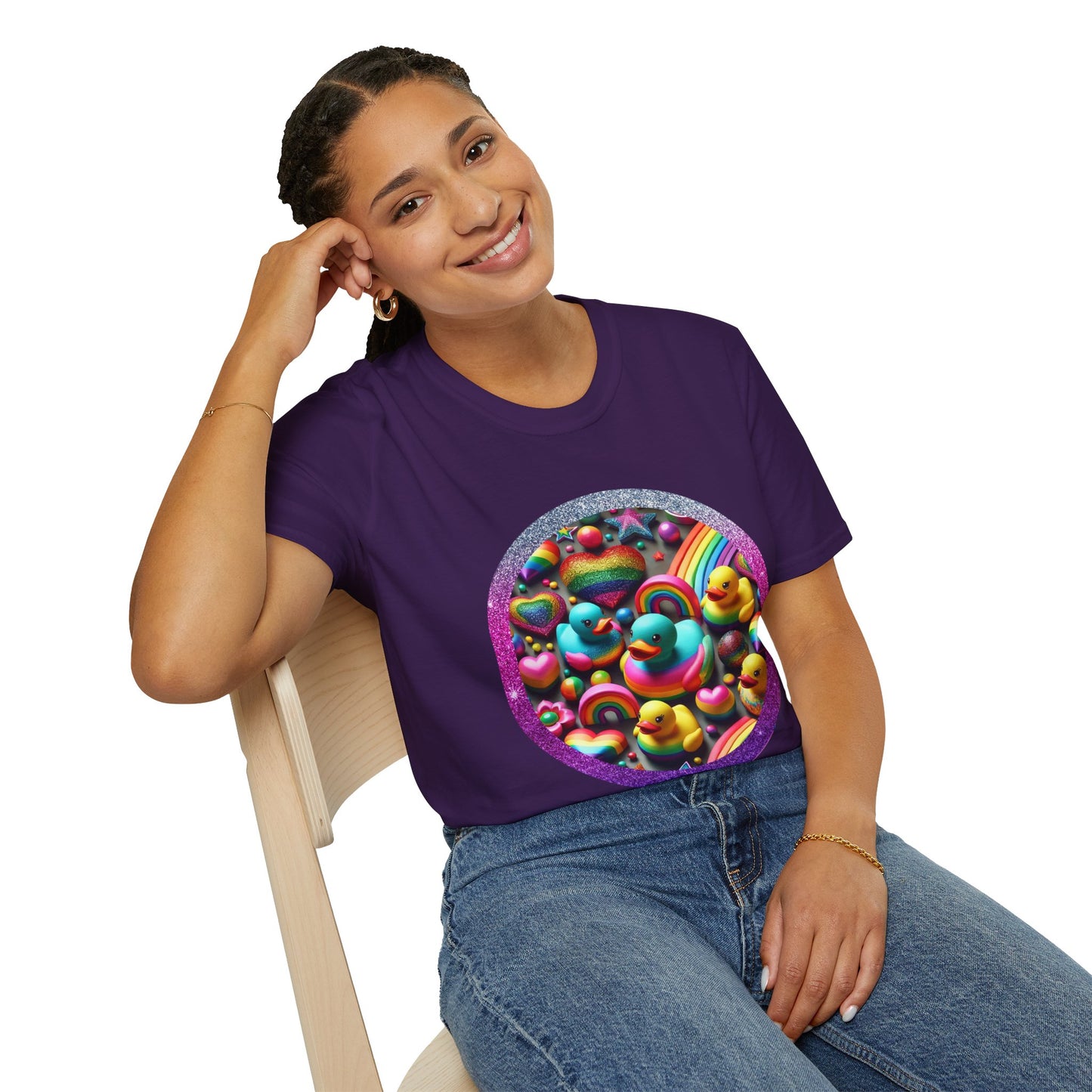 Rainbow Rubber Ducky Sparkle n Splash Hearts & Stars T-Shirt – Cute All-Over Print Tee for LGBTQ+ Inclusivity – Colorful Pride Fashion