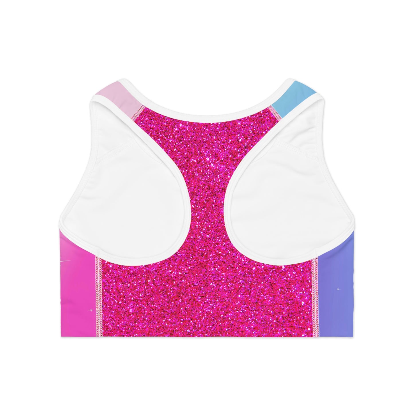 Rainbow Cotton Candy Cosmos Sports Bra – Vibrant Pink and Blue Galaxy Pattern from Rainbowtique’s Athletic Wear Collection