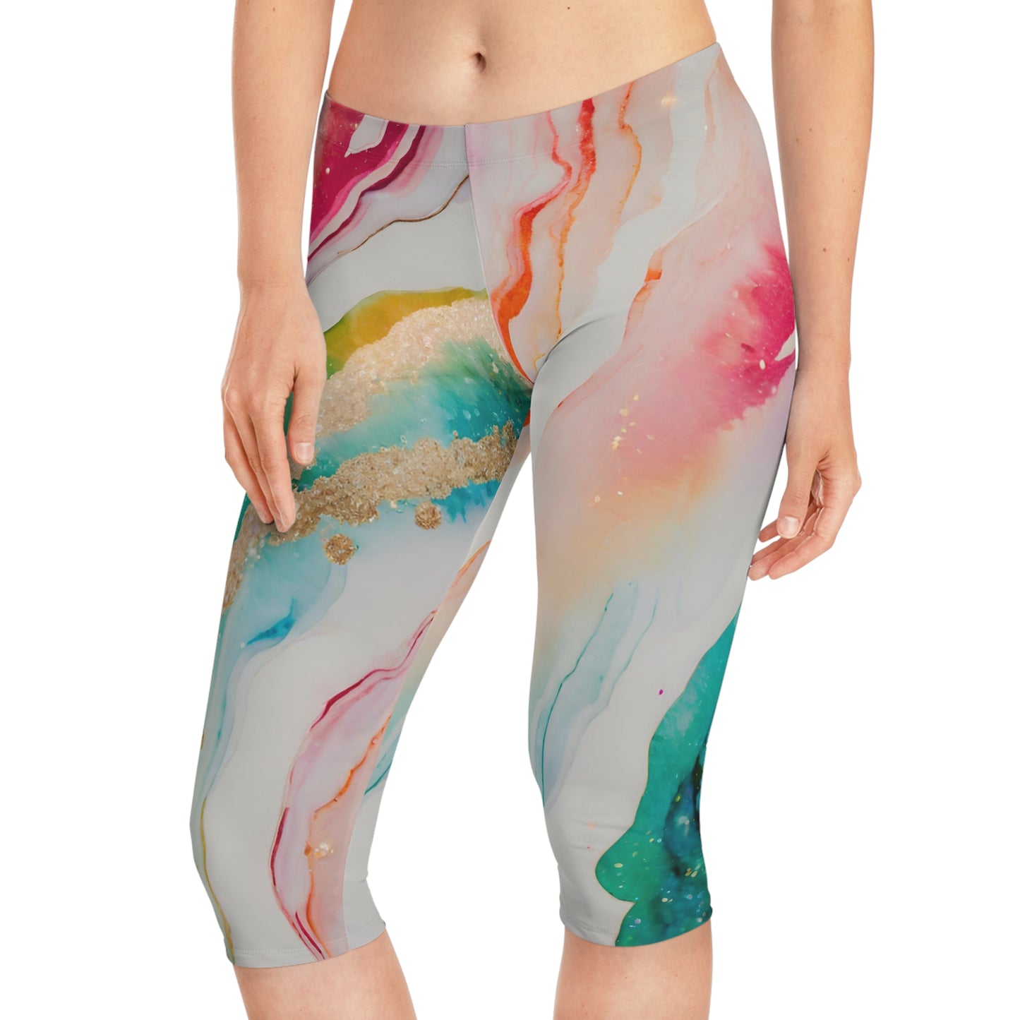 Rainbow Marble Magic – Capri Leggings – Soft & Stretchy Activewear for Comfort & Style – Luxe Pastel Abstract Swirl Print