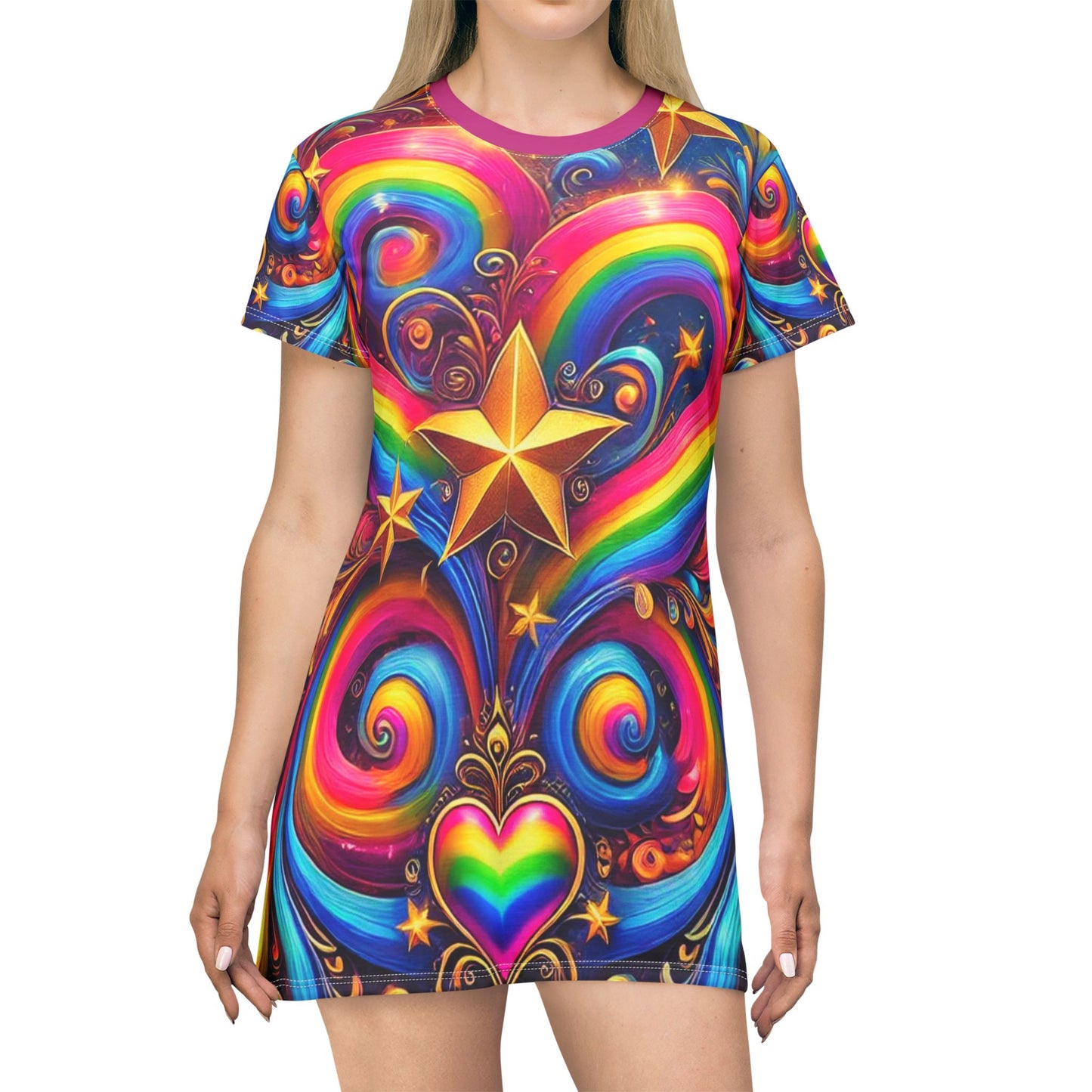 Rainbow Fantasy Swirl Heart T-Shirt Dress β Vibrant Outfit for Pride & Festivals β Colorful Fairytale Design
