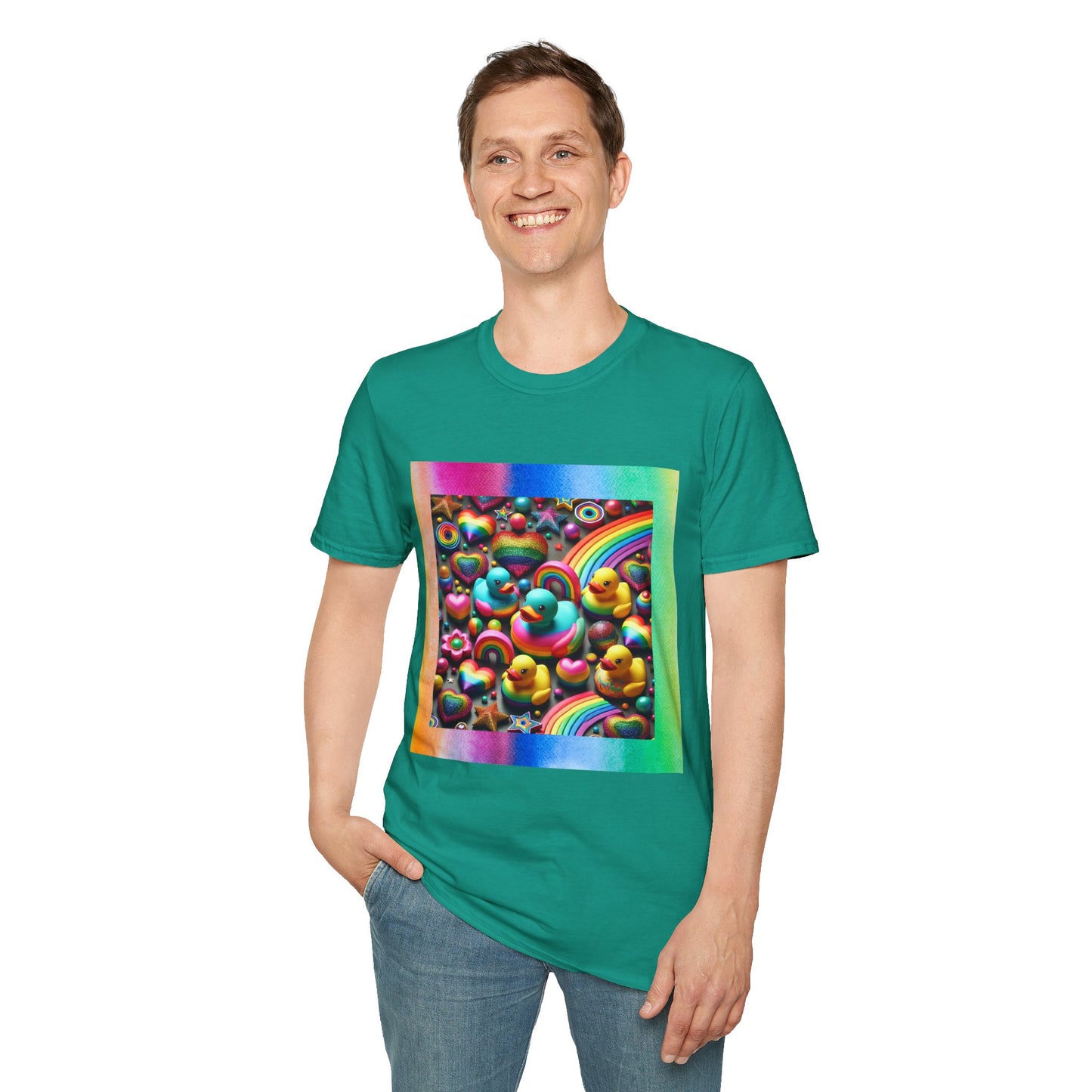 Rainbow Rubber Ducky Sparkle n Splash Hearts & Stars T-Shirt – Cute All-Over Print Tee for LGBTQ+ Inclusivity – Colorful Pride Fashion