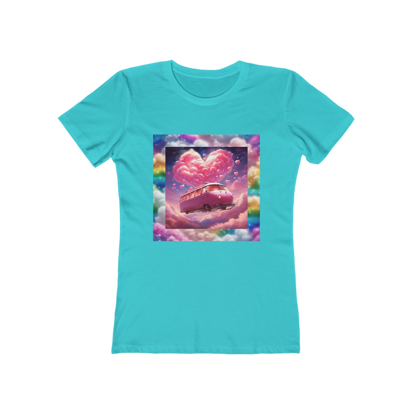 Rainbow Dreamscape Love Bus T-Shirt – Whimsical All-Over Print Tee for Pride & Self-Expression – Dreamy Heart Cloud Design