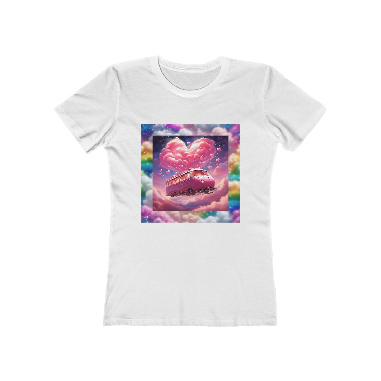 Rainbow Dreamscape Love Bus T-Shirt – Whimsical All-Over Print Tee for Pride & Self-Expression – Dreamy Heart Cloud Design