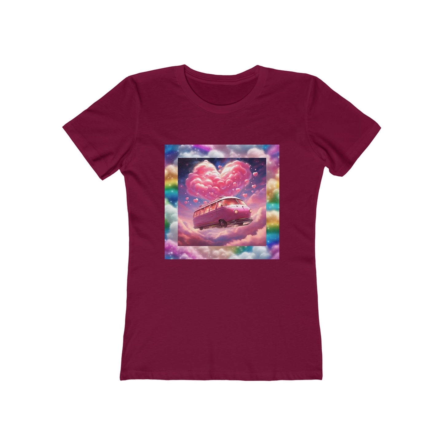 Rainbow Dreamscape Love Bus T-Shirt – Whimsical All-Over Print Tee for Pride & Self-Expression – Dreamy Heart Cloud Design
