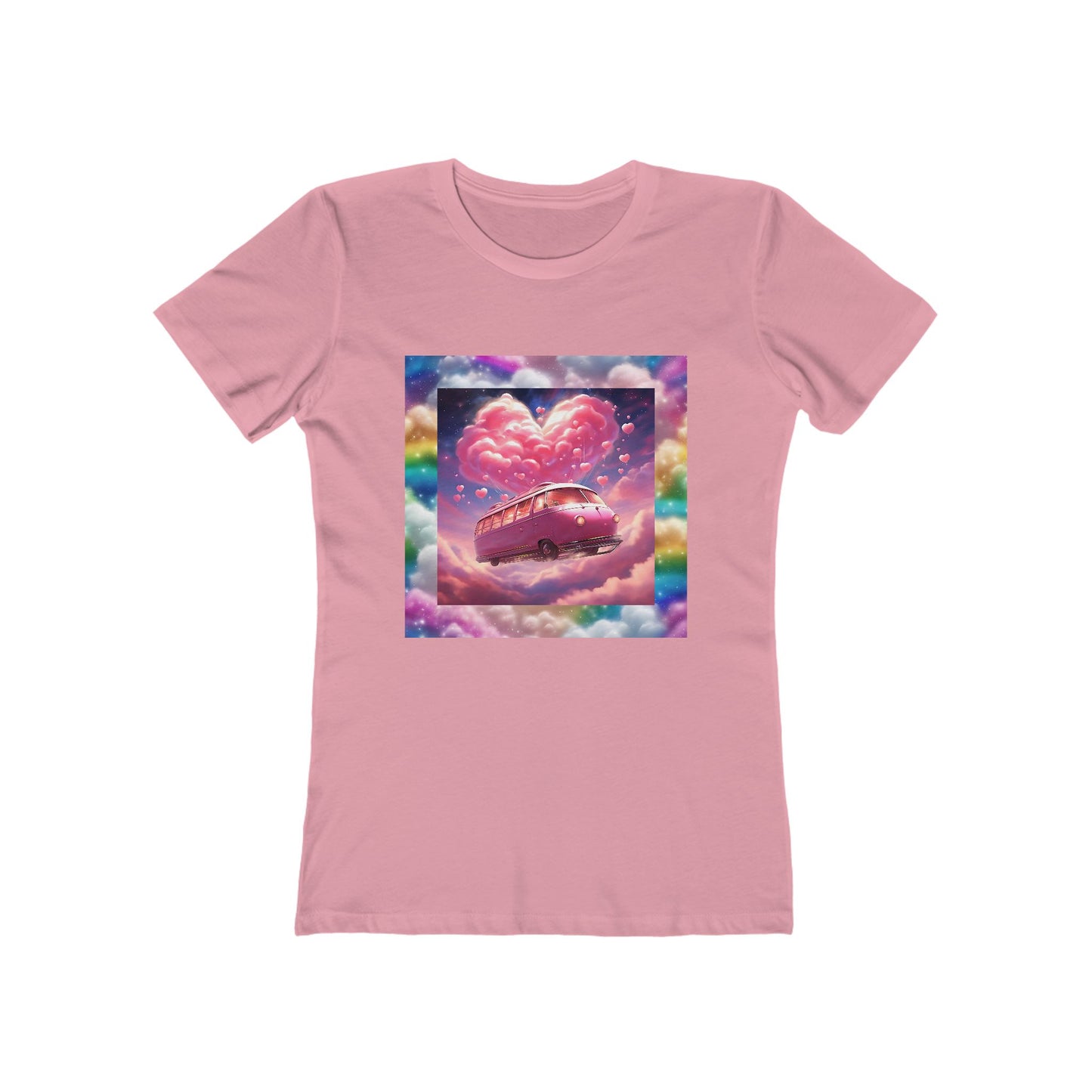Rainbow Dreamscape Love Bus T-Shirt – Whimsical All-Over Print Tee for Pride & Self-Expression – Dreamy Heart Cloud Design