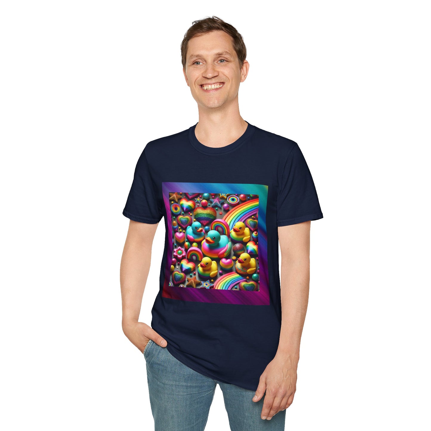 Rainbow Rubber Ducky Sparkle n Splash Hearts & Stars T-Shirt – Cute All-Over Print Tee for LGBTQ+ Inclusivity – Colorful Pride Fashion