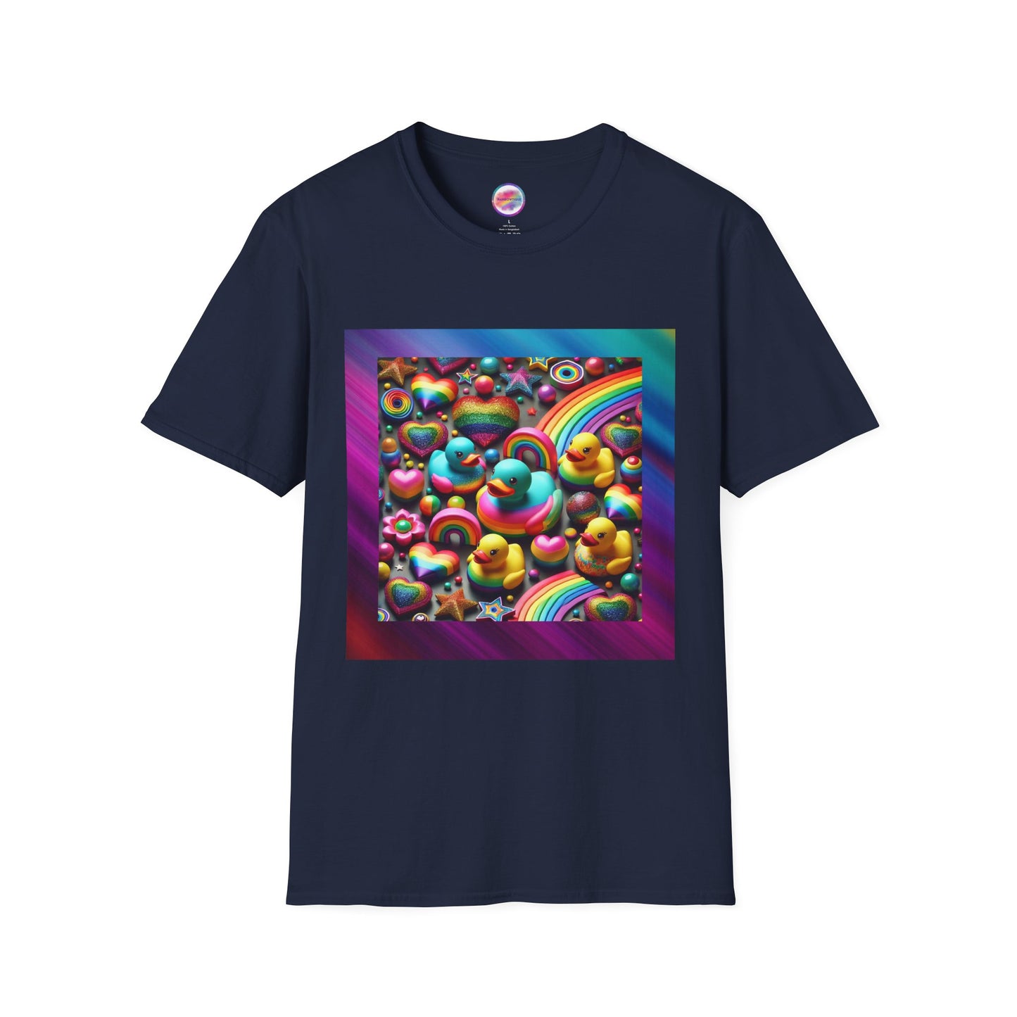 Rainbow Rubber Ducky Sparkle n Splash Hearts & Stars T-Shirt – Cute All-Over Print Tee for LGBTQ+ Inclusivity – Colorful Pride Fashion